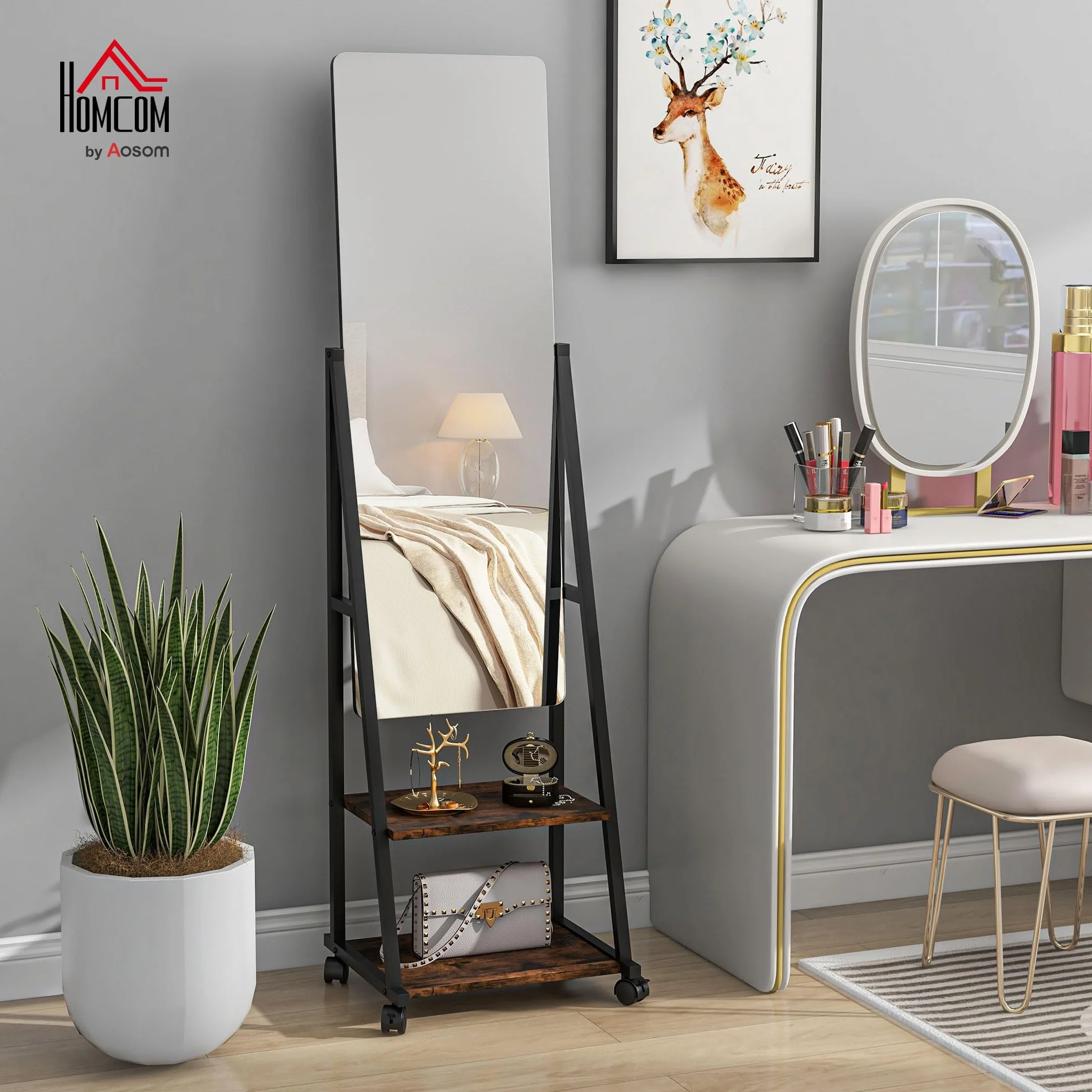 HOMCOM Miroir sur Pied rectangulaire avec Angle Ajustable, Miroir de Sol sur roulettes, 2 étagères, 4 Roues, 42x37x155 cm, Noir et Brun Rustique