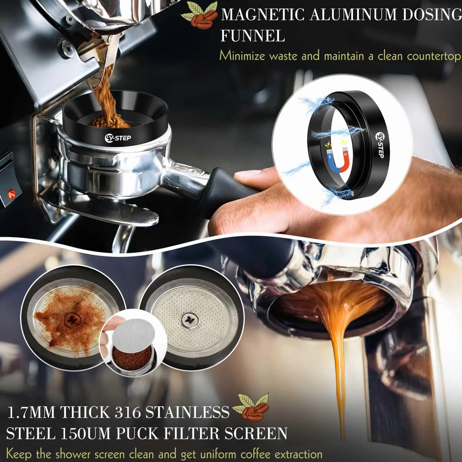 Y-Step Lot de 8 accessoires pour expresso - Tamper à café 51 mm avec station de tamper, Coffee Leveler, outil WDT, bague de dosage, brosse de nettoyage, puck screen, agitateur, pour machine à expresso