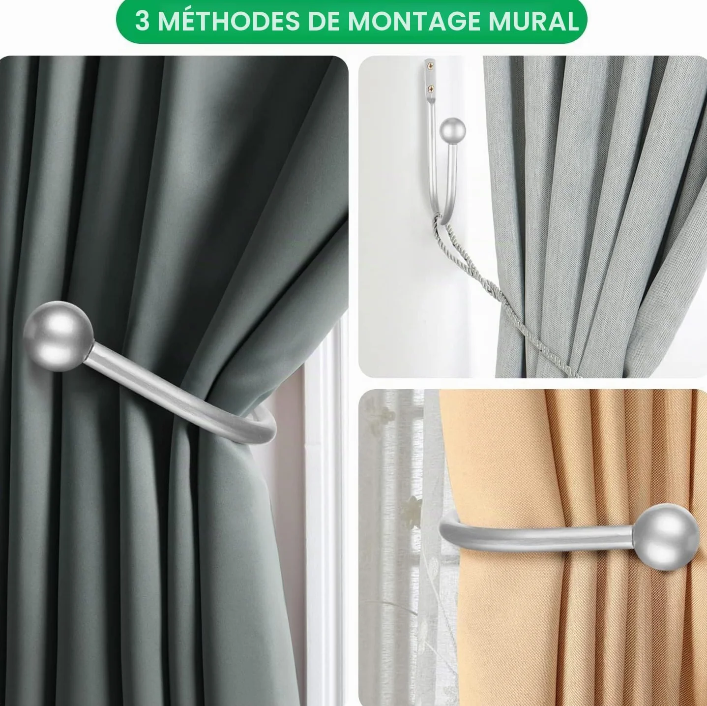 Embrasses de Rideaux 2 pièces Argent Supports Muraux pour Rideaux Crochets Fenêtre Rétro