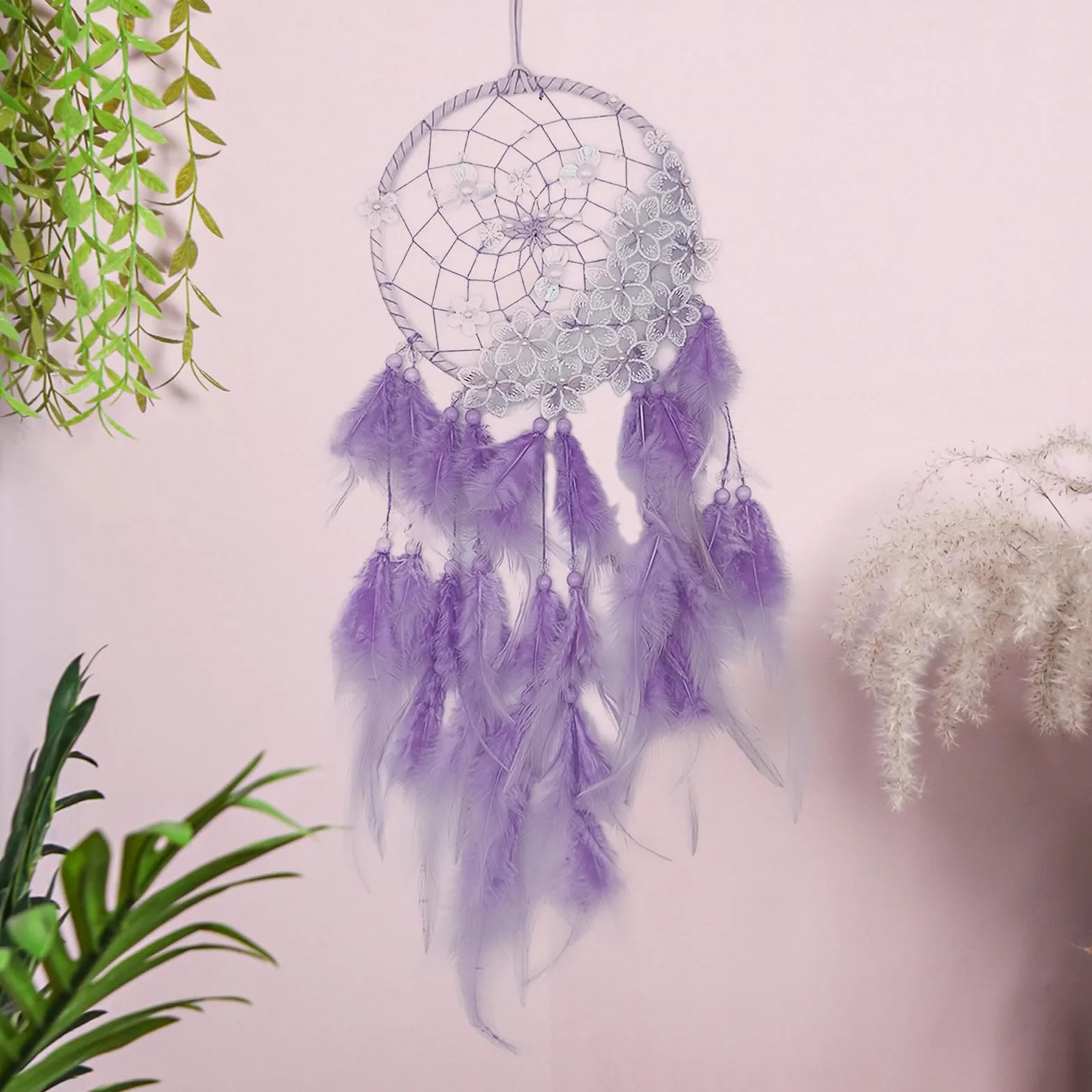 Attrape Rêve Géant Violet avec Plumes, Handmade Capteur de Rêves Décoration Murale