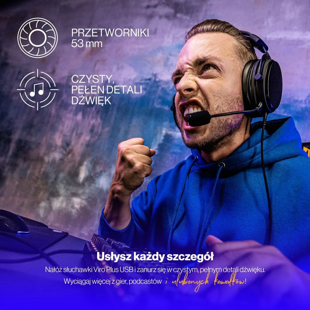 ENDORFY Viro Plus USB, słuchawki gamingowe 7.1, przetworniki 53 mm, odpinany mikrofon z pop filtrem, karta dźwiękowa USB, nausznice memory foam