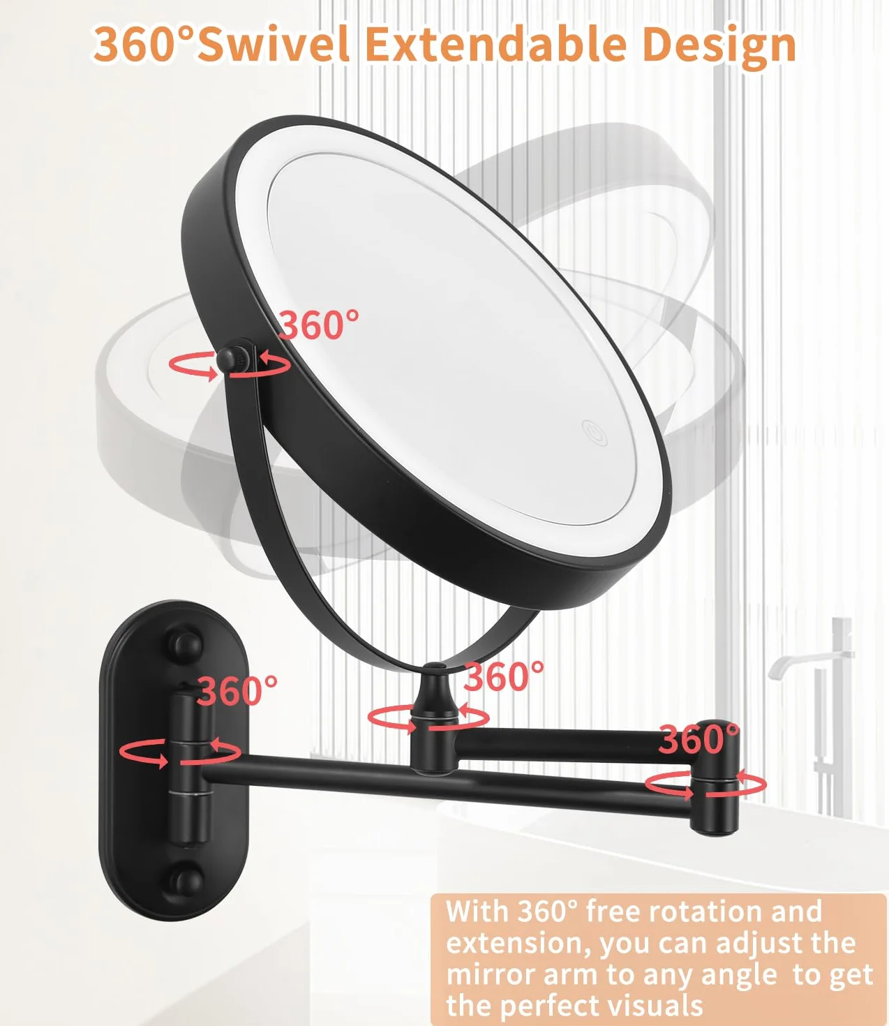 Jutyum Miroir cosmétique mural avec grossissement 1X/10X - Éclairage LED - Miroir de maquillage mural avec éclairage variable - 3 couleurs - Noir