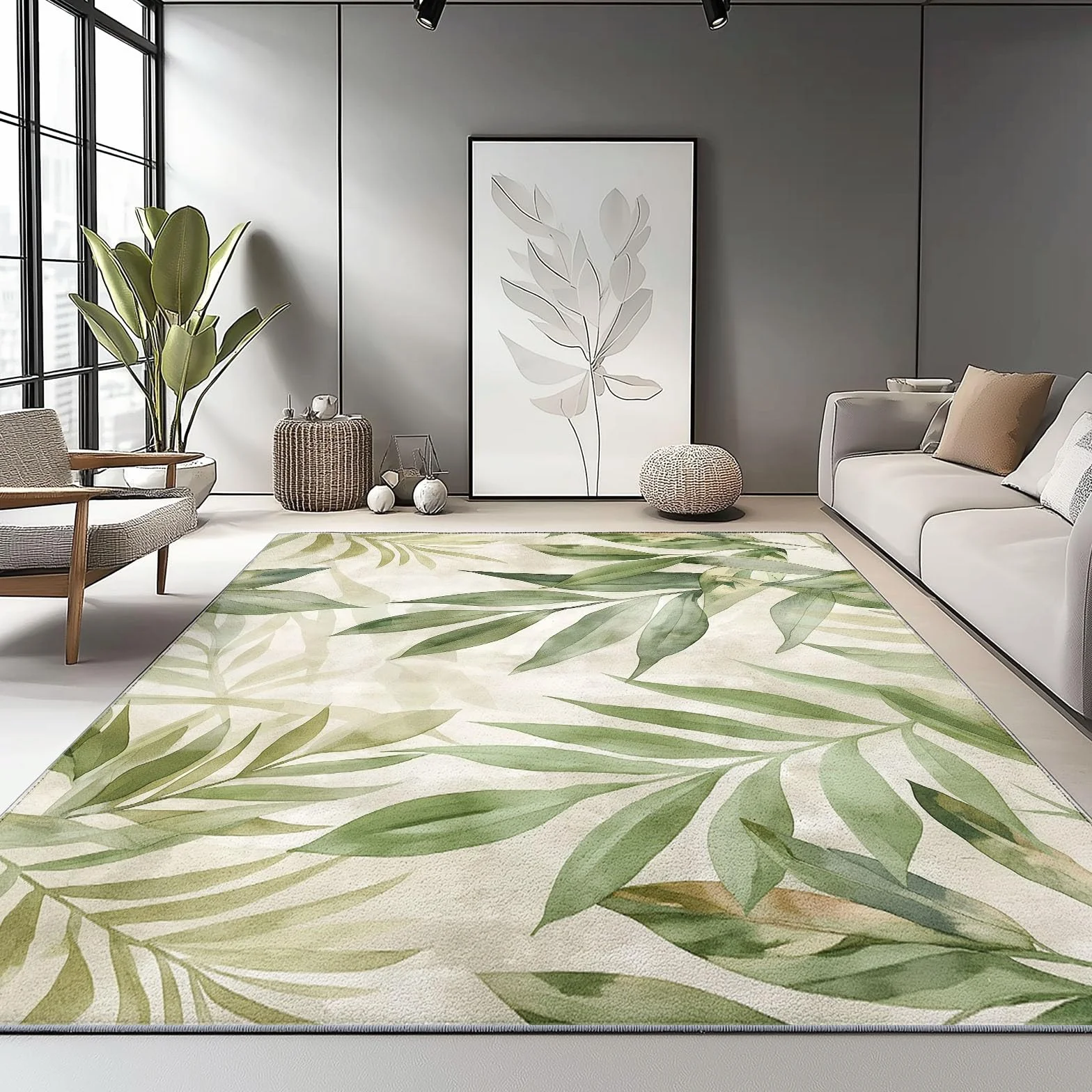 Tapis Lavable en Machine Motif Feuilles Tropicales À L'Aquarelle 120 x 180 cm Vert Clair pour Salon Chambre