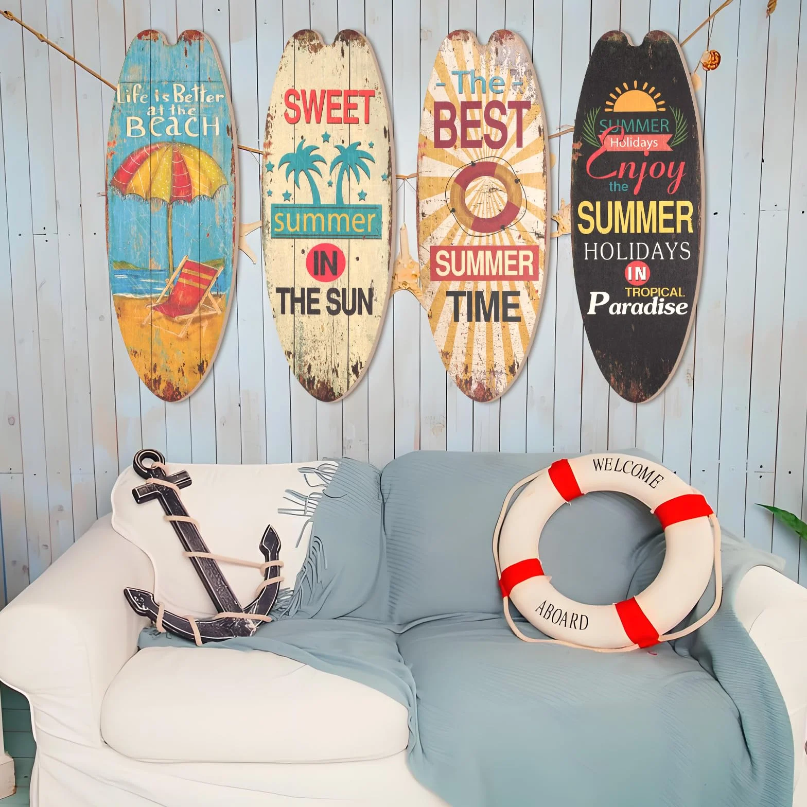 Planche à Pagaie Deco Murale Bois 4 Pièce, Décoration Intérieur Piscines Plage