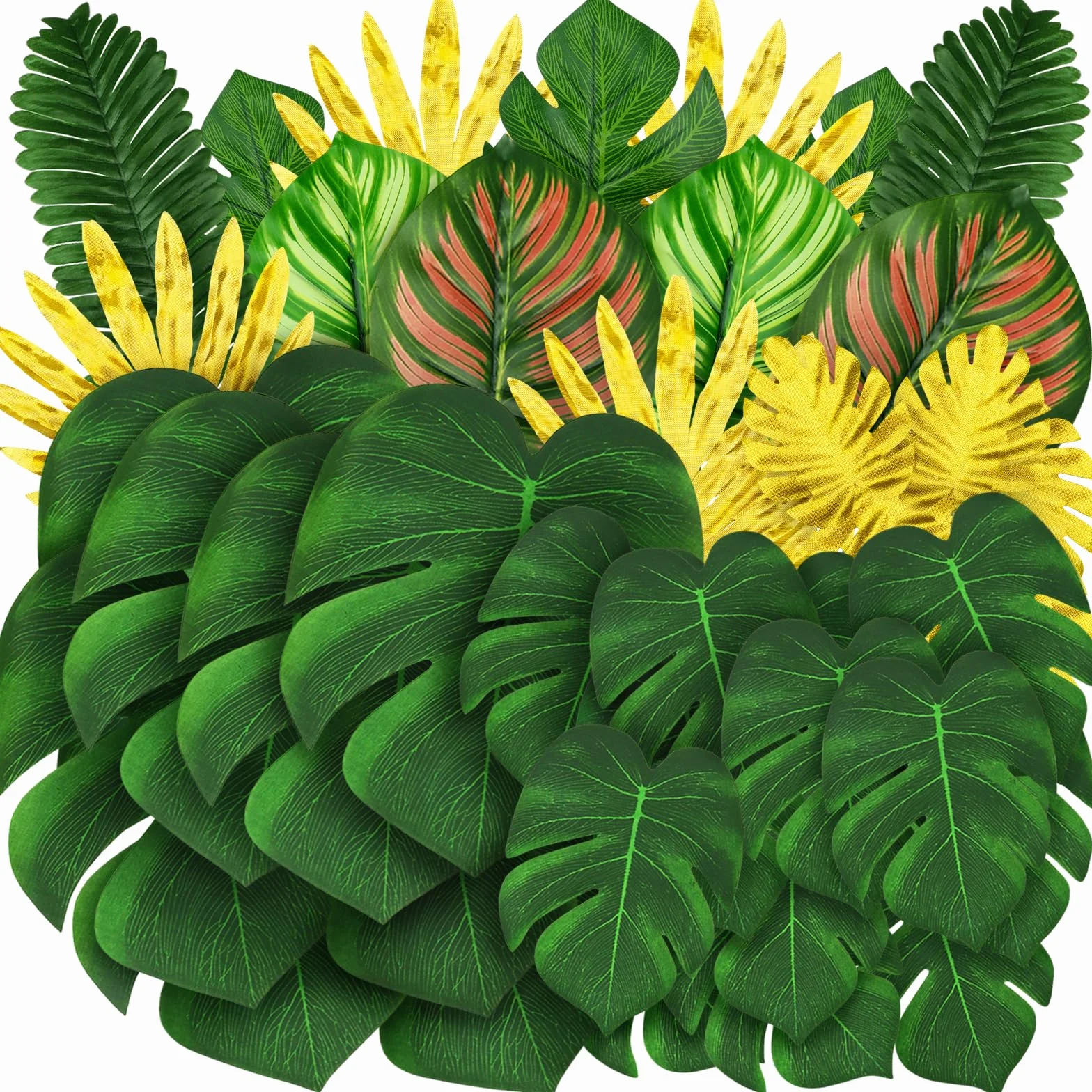 QUOZUO 50 Pièces Feuilles Tropicales Artificielles Palmier Monstera Plantes Tropicales Décorations Vert Or