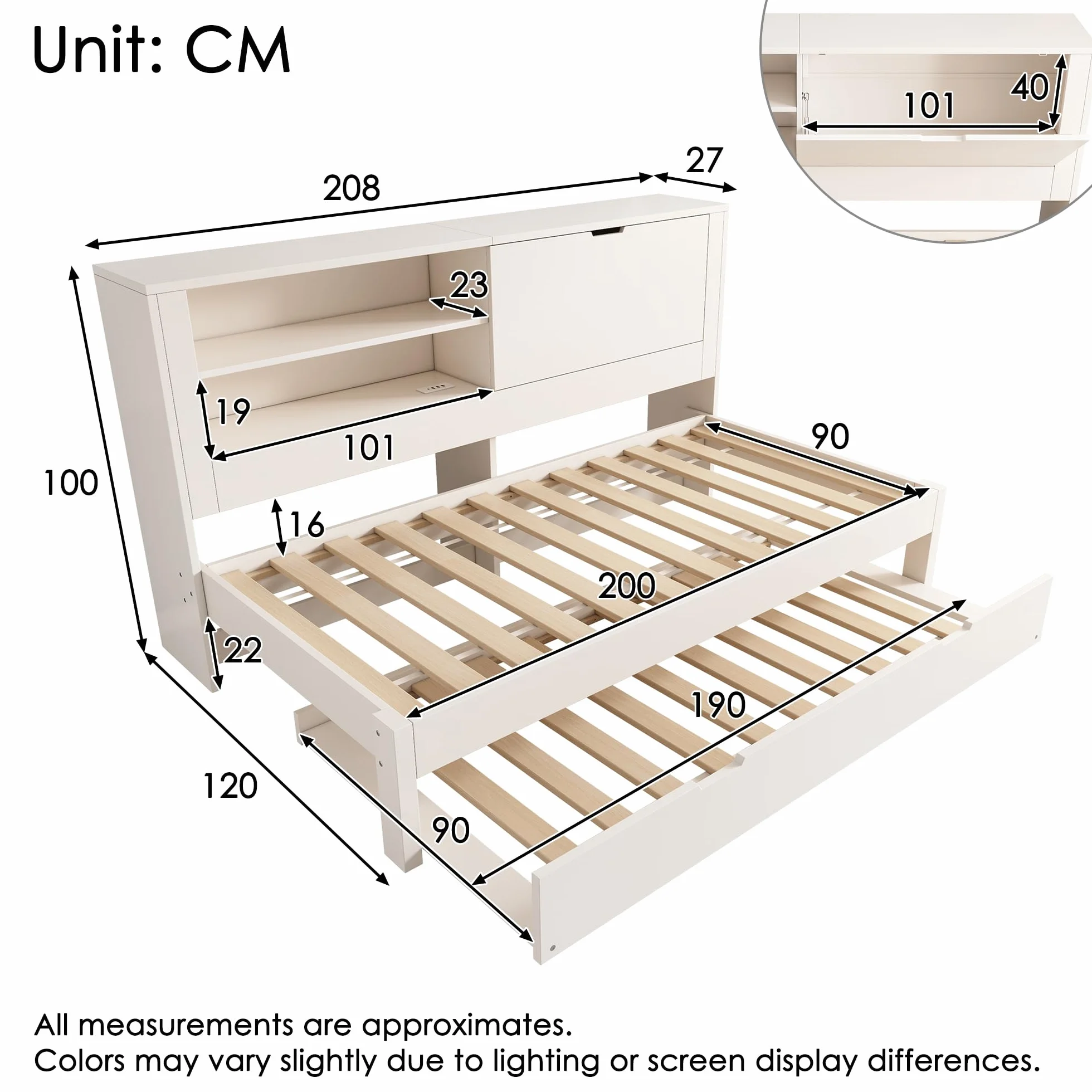 Zepneiy Lit 90x200 avec gigogne 90x190, Canapé lit avec Panneau arrière de Rangement et Compartiment Ouvert, Lit Enfant avec Station de Charge USB-C et sommier à Lattes, Blanc(sans Matelas)