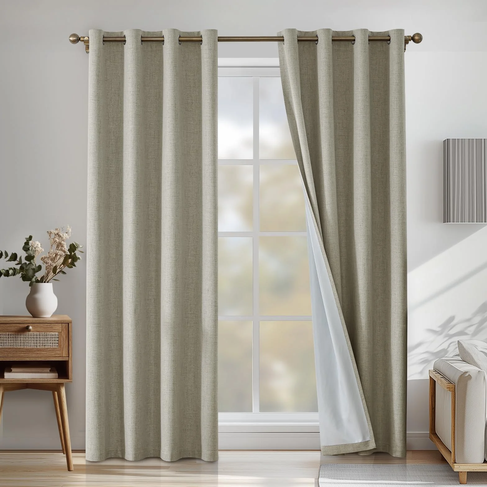 Rideau Occultant Thermique 140x300cm Lot de 2, Effet Lin, Anti Froid Chaleur, Œillets, Naturel
