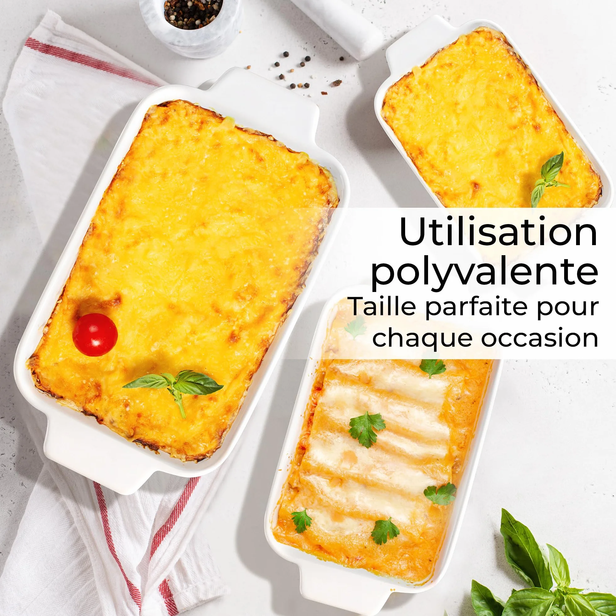 MIAMIO – Ensemble de 3 plats à gratin/Plat à cuisson rectangulaire en céramique, ensemble empilable de 3 pièces, 850 ml, 1650 ml, 2900 ml – Lave-vaisselle et four compatibles – Collection Palmanova