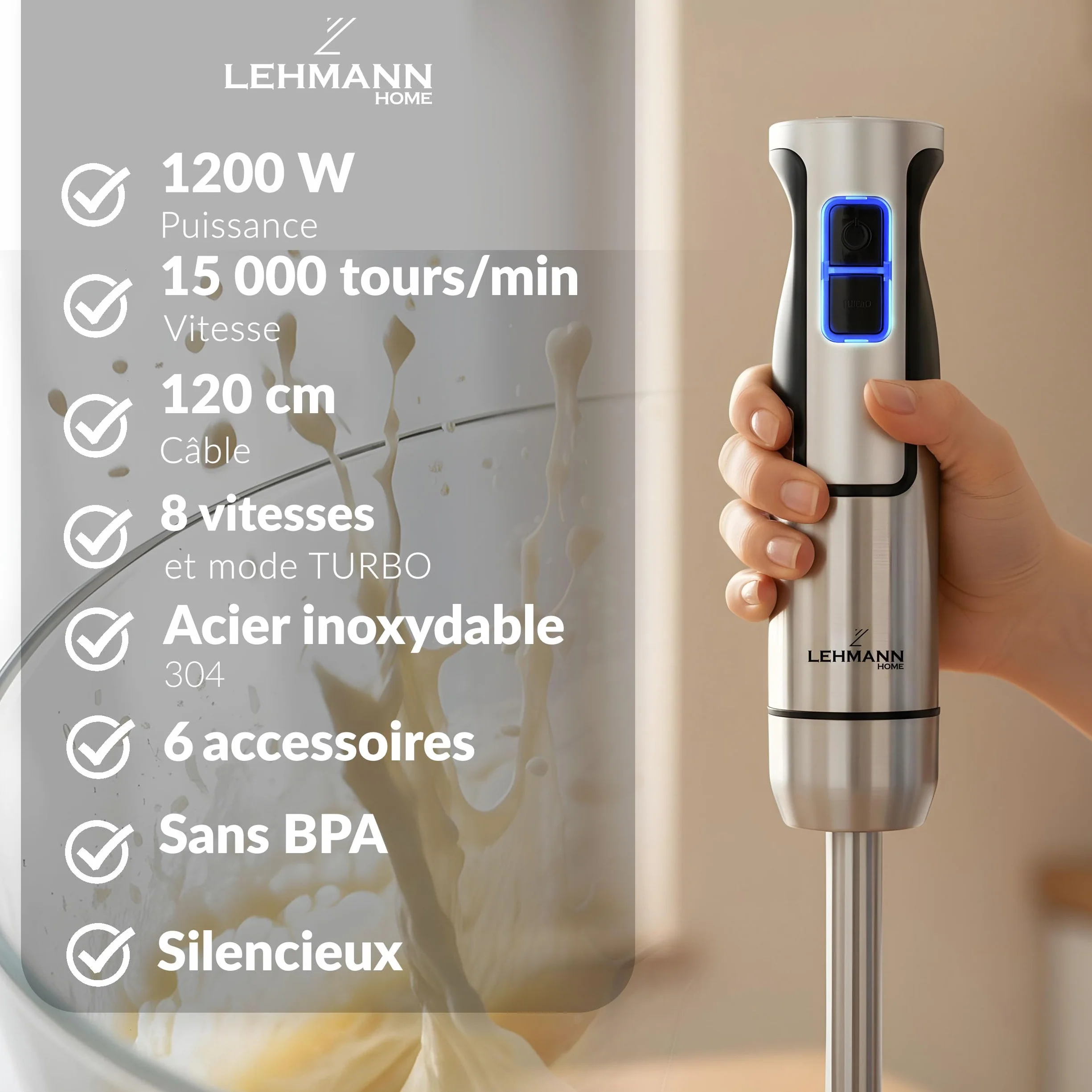 LEHMANN Chowmei 5-en-1 Mixeur Plongeant 1200 W, Réglage de vitesse à 8 niveaux, Fonction Turbo, Mixeur Multifonction avec 6 accessoires - Batteur, Fouet, Hachoir 600 ml, Verre Doseur 860 ml