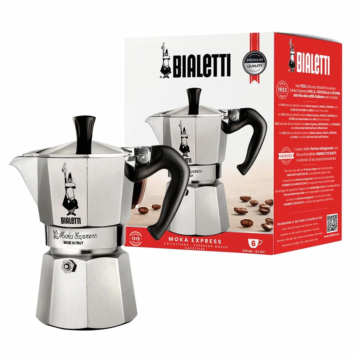 Bialetti Moka Express Cafetière Expresso 6 Tasses 270 Ml Aluminium Argenté