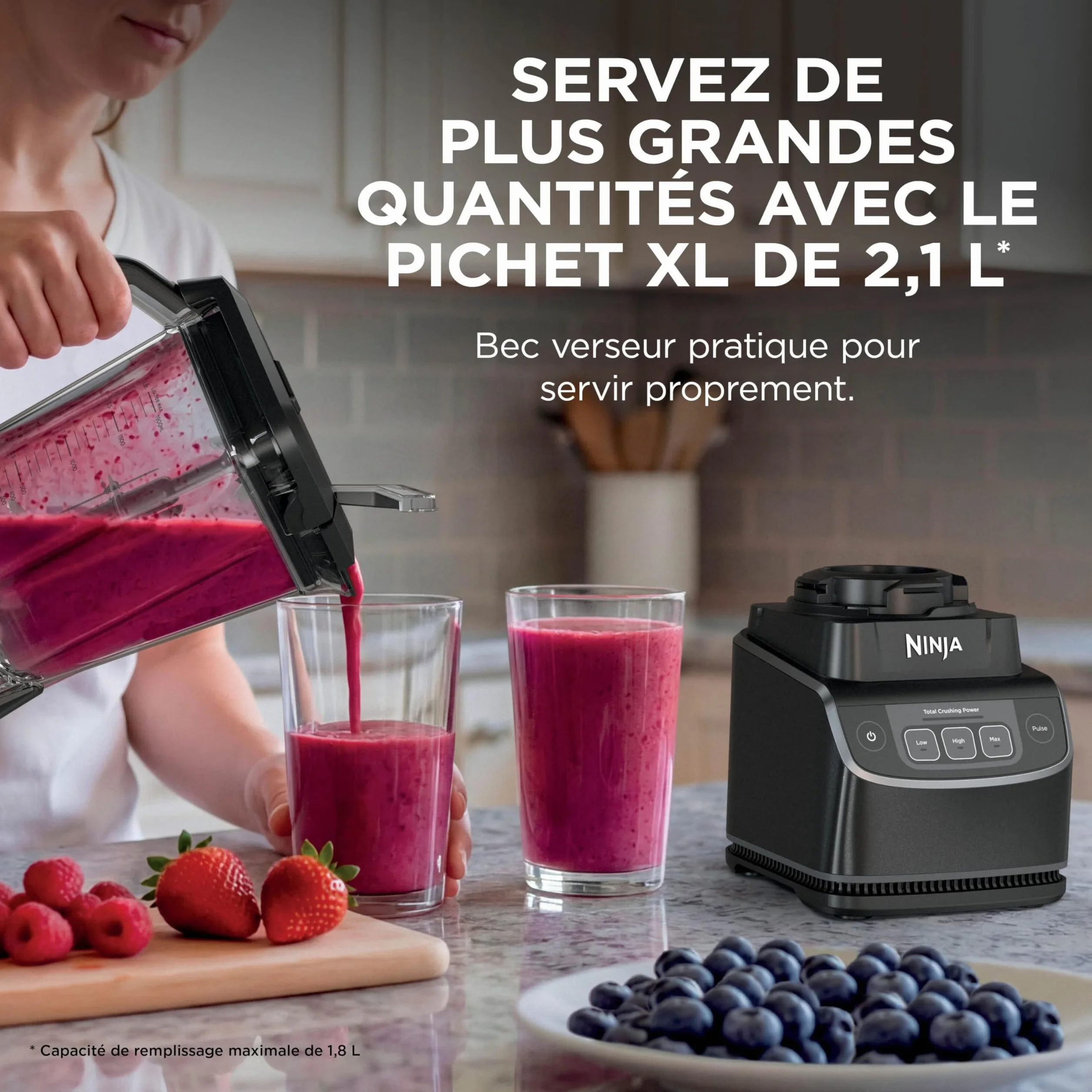 Ninja UltraCrush Mixeur Blender, 3 réglages de vitesse, mode manuel Pulse (Impulsion), grande carafe à capacité de remplissage maximal de 1,9 L, pour préparer smoothies, sauces et plus, Noir BP201EU