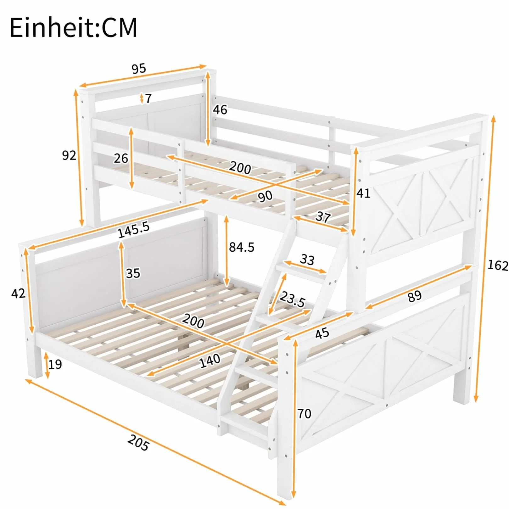 Lit Superposé 3 Places Convertible en 2 Lits,Lit Superposé Enfant 90x200 et 140x200 avec Barrière de lit Haute,Échelle Inclinée,Sommier à Lattes,pour Enfants Ados (Blanc)