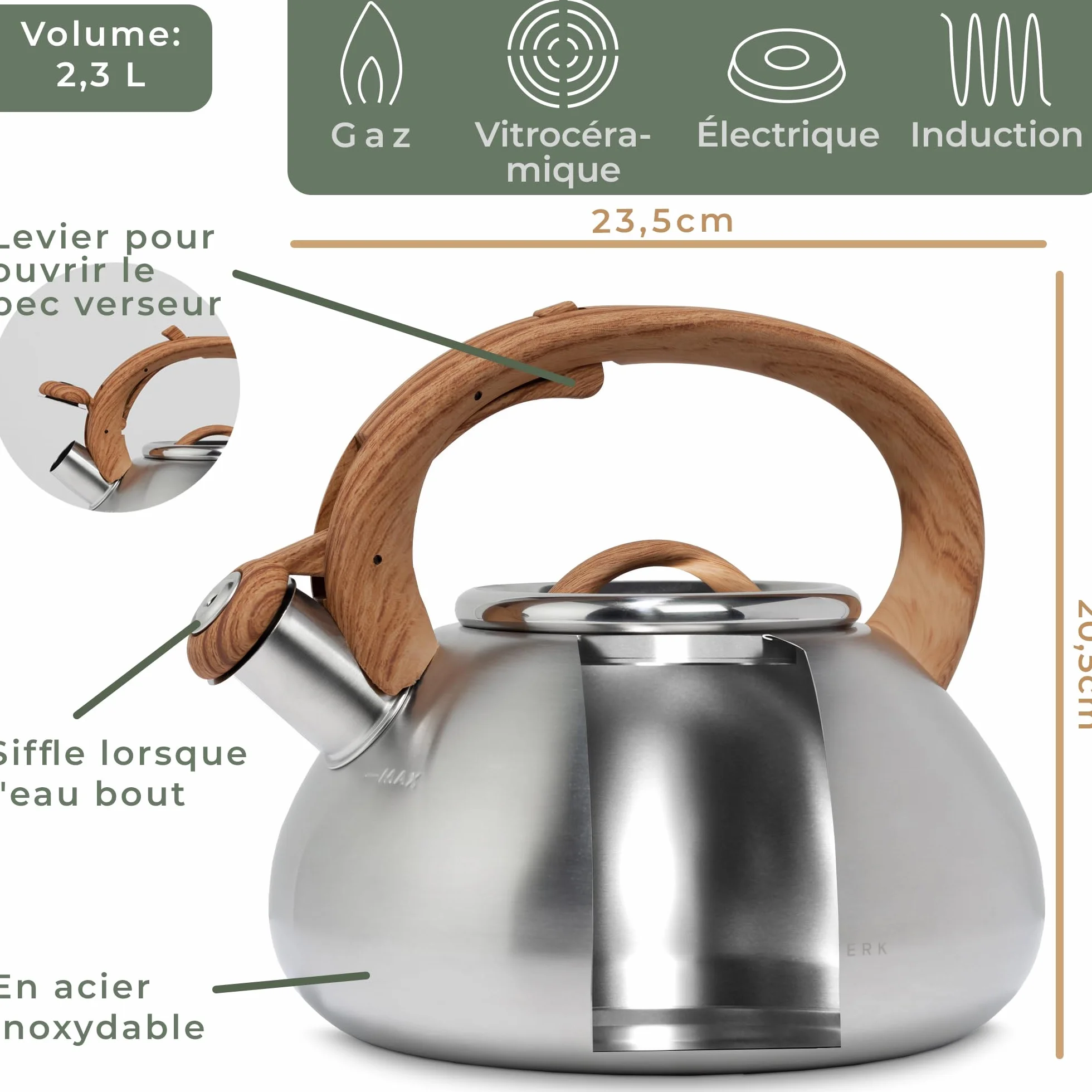 WALDWERK (2,3 L) Bouilloire INOX Vintage pour Induction et Gaz - Poignée Aspect Bois - Sifflante - Retro