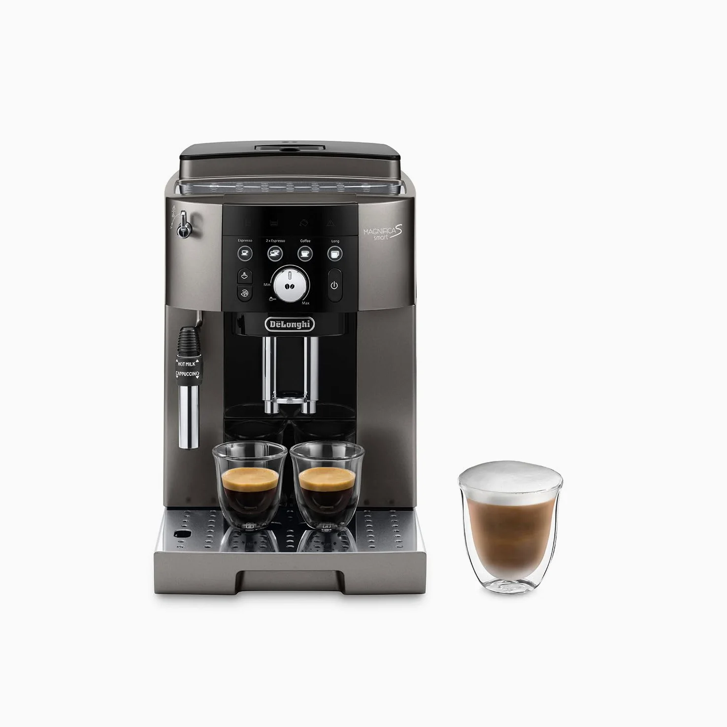 De'Longhi Magnifica S Smart ECAM250.​33.​TB, Machine à Café Automatique avec Mousseur à Lait, Taille Compacte Machine Grain à Tasse, Mousseur à Lait Manuel, 4 Recettes en Une Touche, Noir Titane
