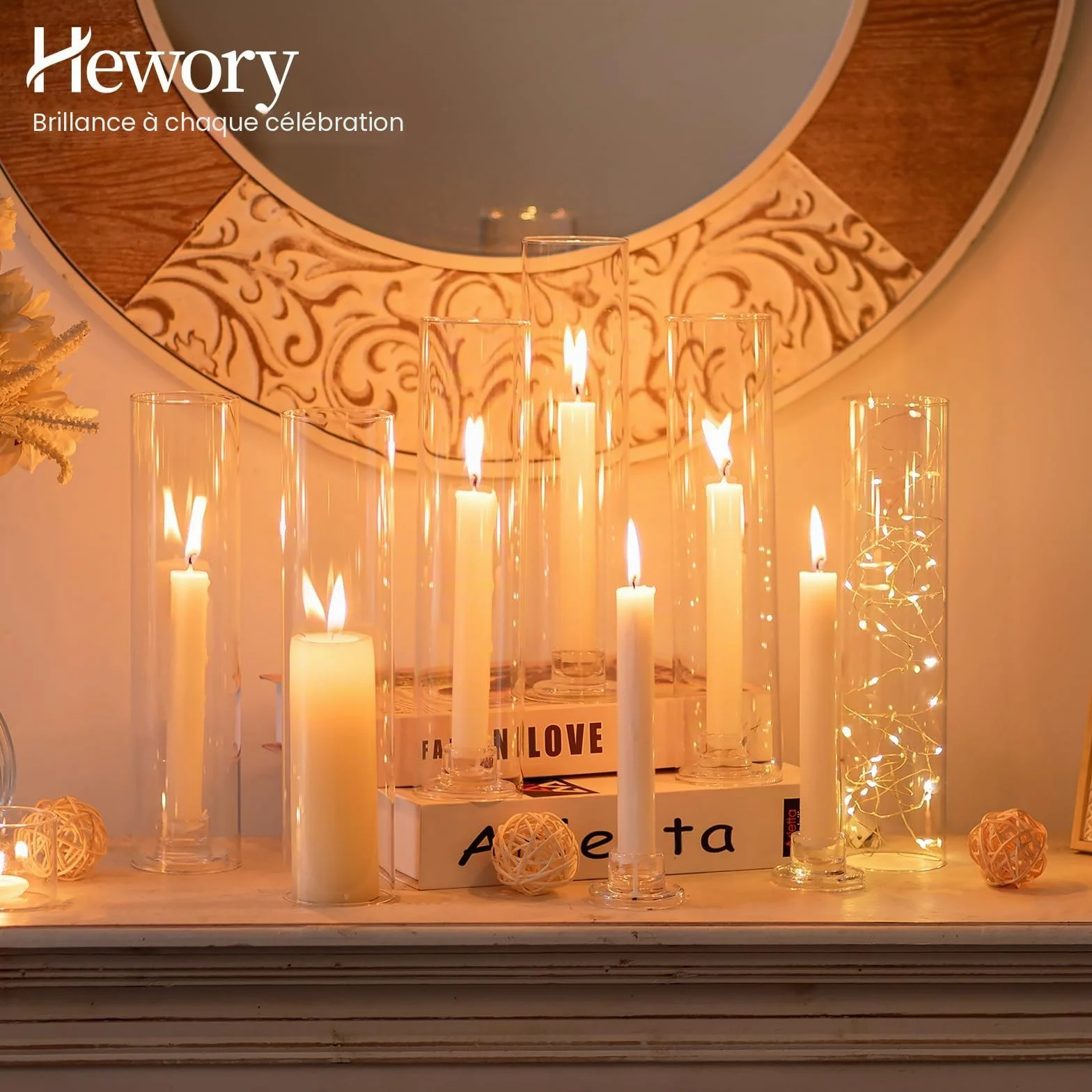 Hewory Bougeoirs en verre à ouragan : Ensemble de 6 supports à bougies transparents pour pièces maîtresses de table de mariage, grands bougeoirs pour décoration de Noël, fête en plein air