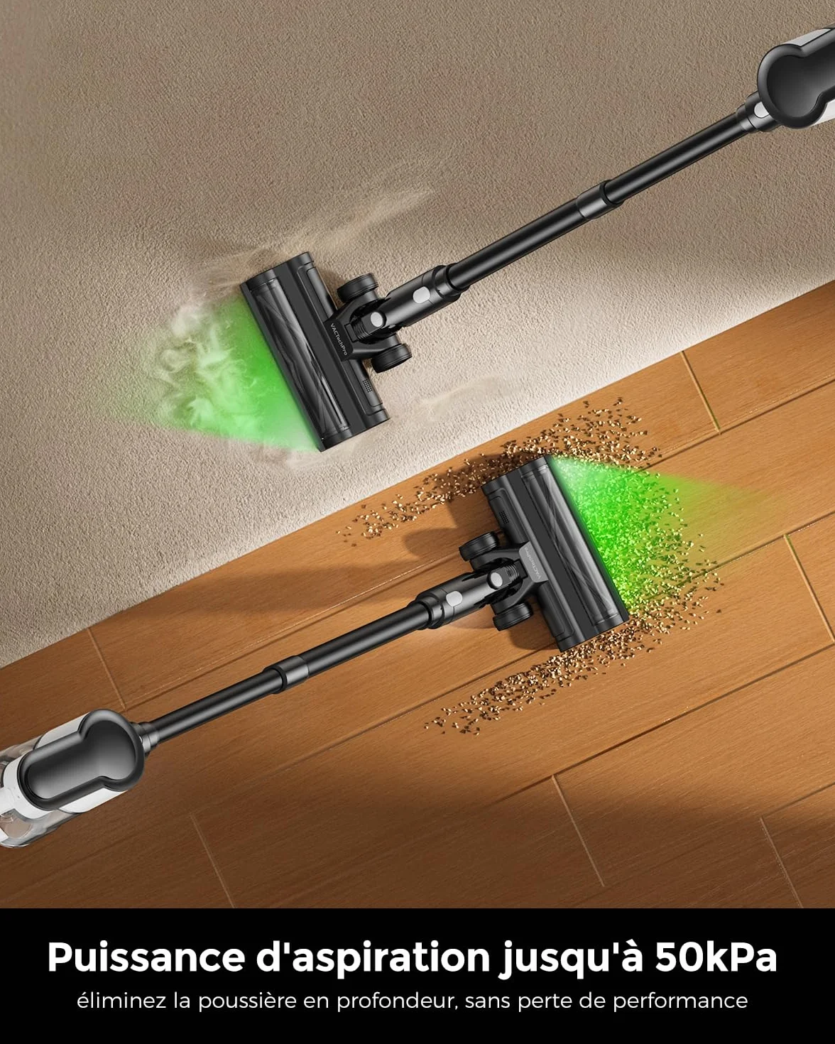 VACTechPro F02 Lite Aspirateur Balai sans Fil, 550 W/50 Min/50 KPa, avec Filtration 8 Couches, pour Sols, Tapis et Cheveux, Noir et Blanc