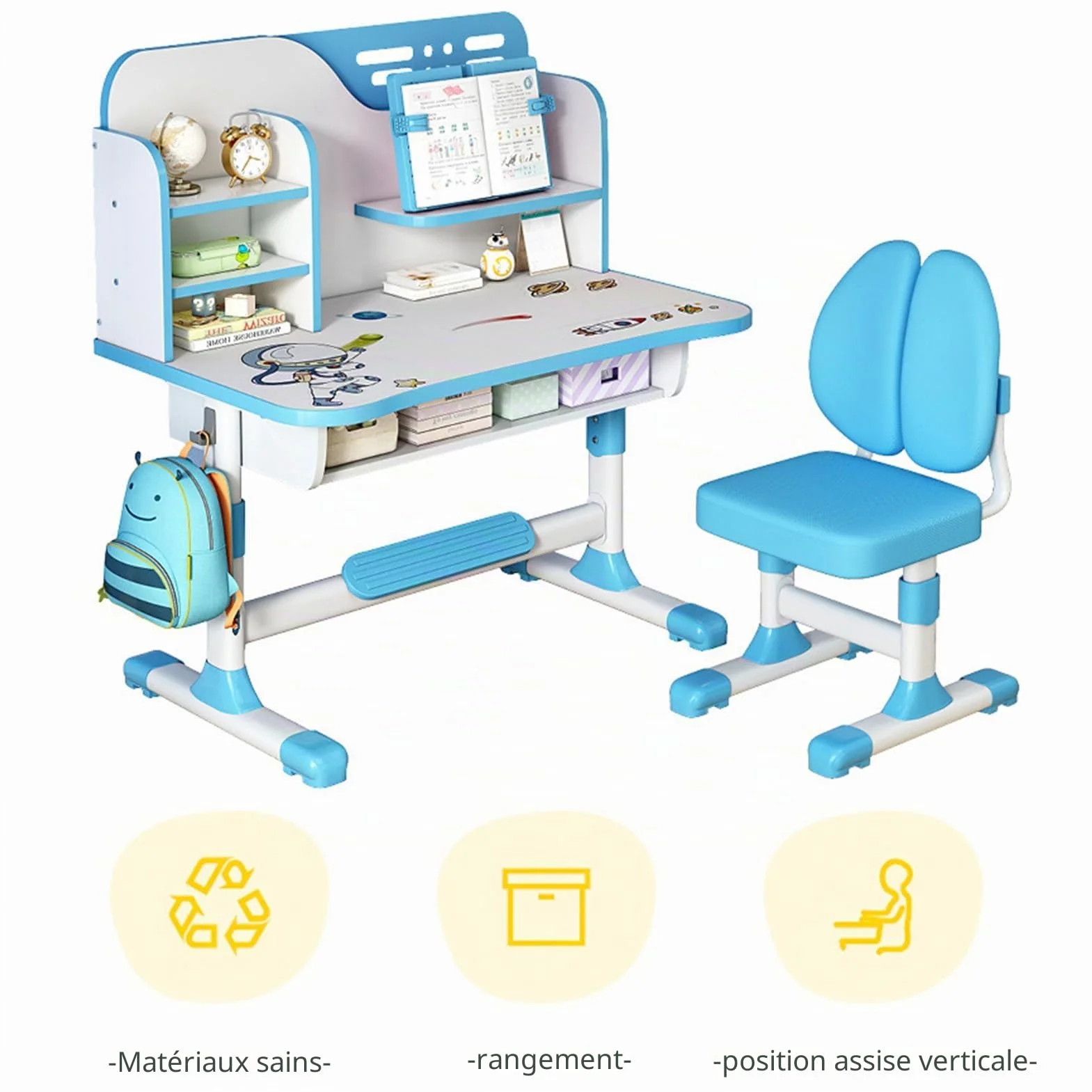 Ensemble table et chaises réglables pour enfants, bureau d'étude à domicile avec chaise ergonomique, cloison scientifique et tiroir, ensemble table et chaises pour enfants pour écrire, lire