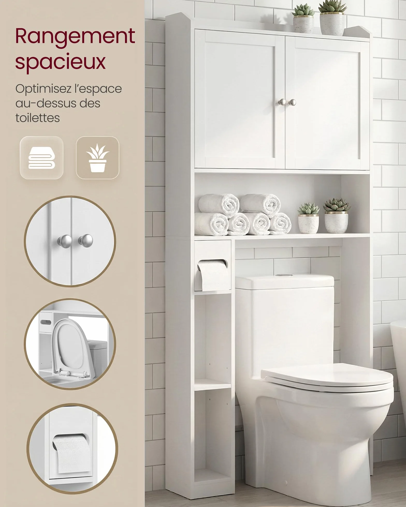 VASAGLE Meuble WC, Armoire pour Machine à Laver, Étagères Ajustables, Économie d’Espace, Adapté à la Plupart des Toilettes, Moderne, 20 x 79,1 x 170 cm, Blanc Nuage BTS018W01V1