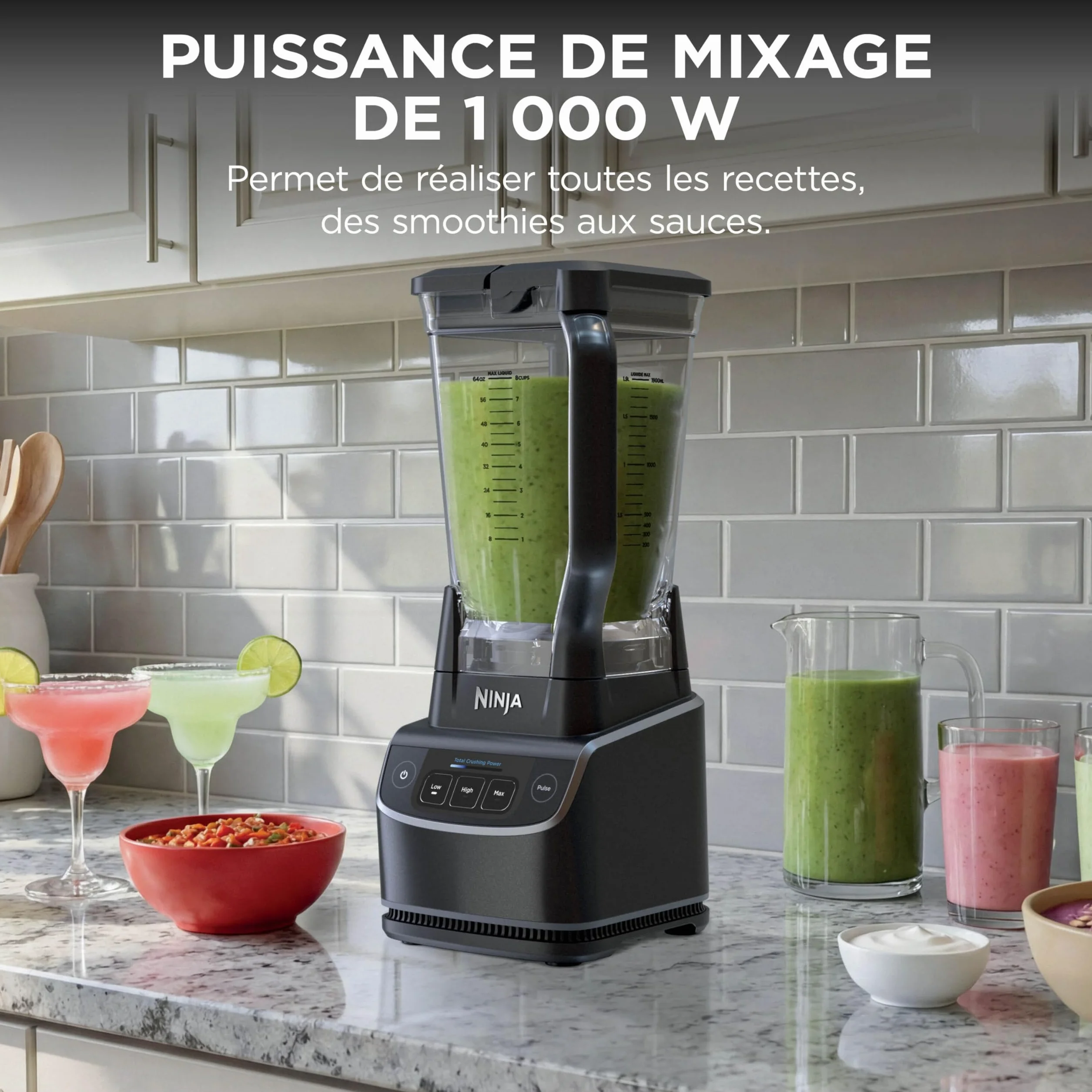 Ninja UltraCrush Mixeur Blender, 3 réglages de vitesse, mode manuel Pulse (Impulsion), grande carafe à capacité de remplissage maximal de 1,9 L, pour préparer smoothies, sauces et plus, Noir BP201EU