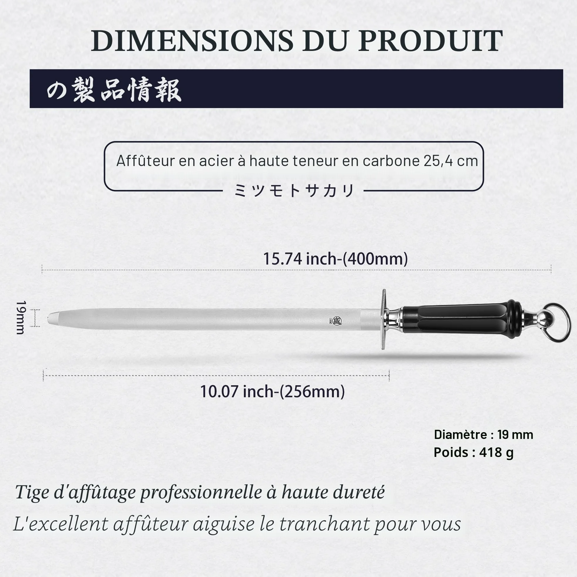 Fusil à Aiguiser Diamant Japonais MITSUMOTO SAKARI 40 cm Plat Professionnel avec Manche ABS et Aimant Puissant