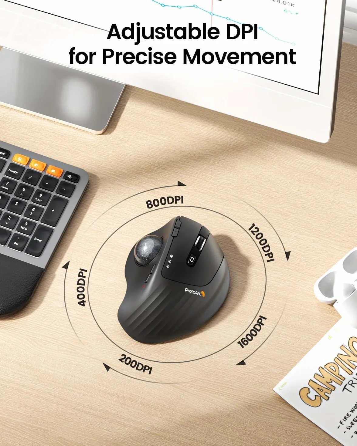 ProtoArc EM01 NL Bezprzewodowa mysz Trackball, ergonomiczna mysz kulkowa Bluetooth, kciuk, ładowalna, komputer, laptop, regulowany kąt i 3 przyłącza urządzeń, do PC, Mac, Windows, szara kulka 25
