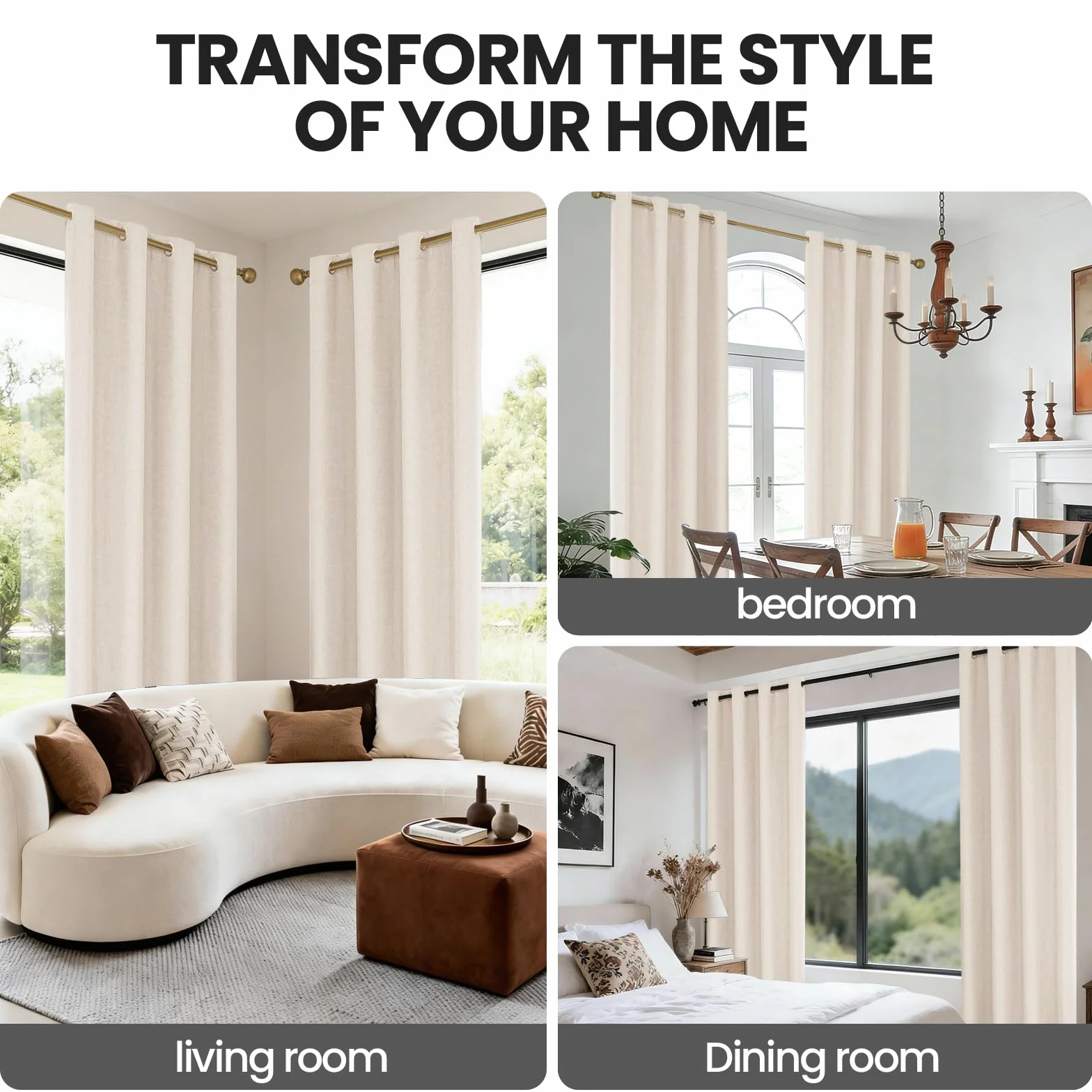 Rideau Occultant Lot de 2 140x200cm Effet Lin Thermique Isolant Anti Froid Chaleur Anti Bruit Anti UV avec Oeillet Beige