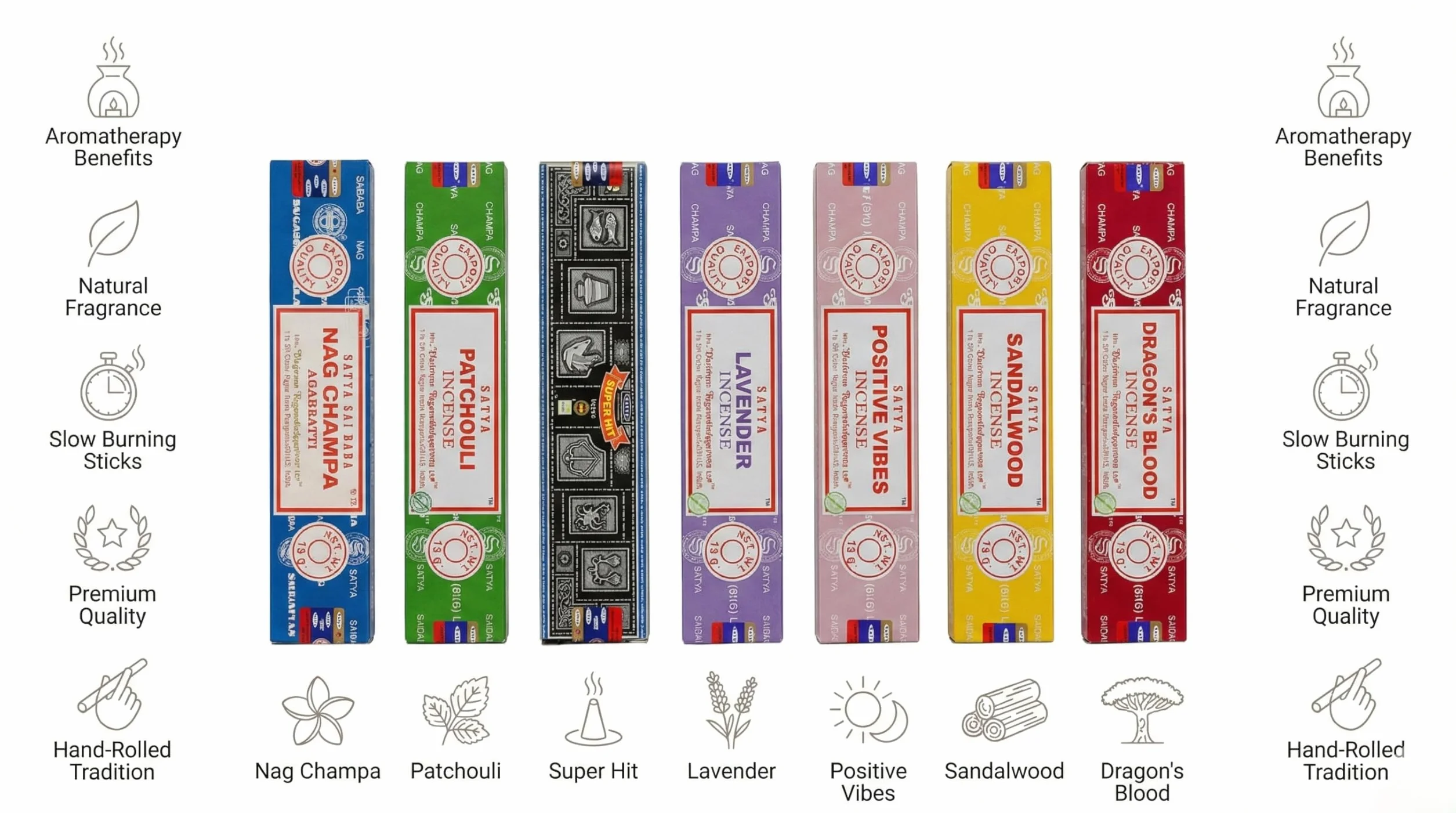 Nag Champa Bâtons d'Encens 7 Arômes Lot, Roulés à la Main, Non Toxiques