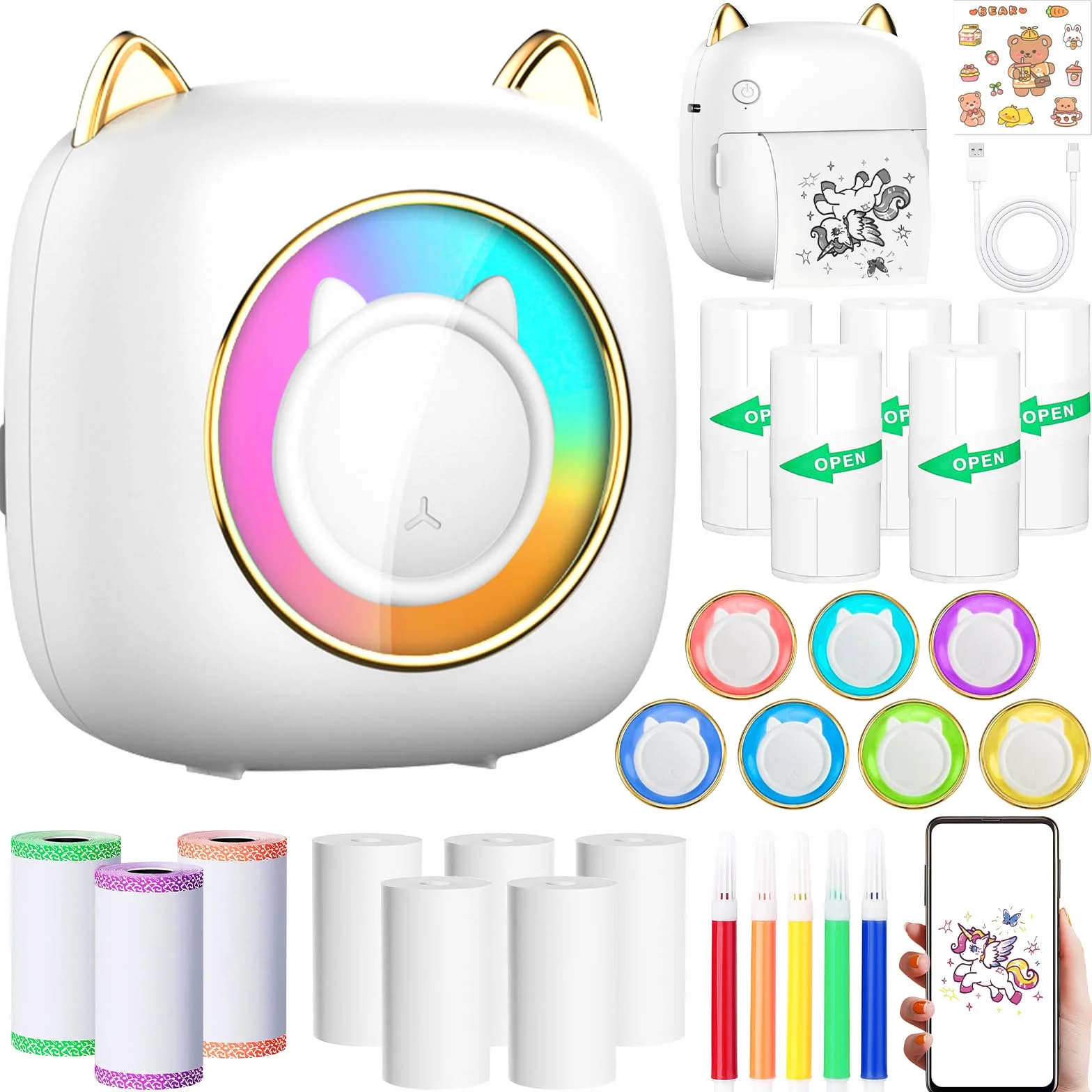 Mini Imprimante Thermique Portable Bluetooth pour iOS Android, 14 Rouleaux Papier, Étiquettes, Images, Blanc