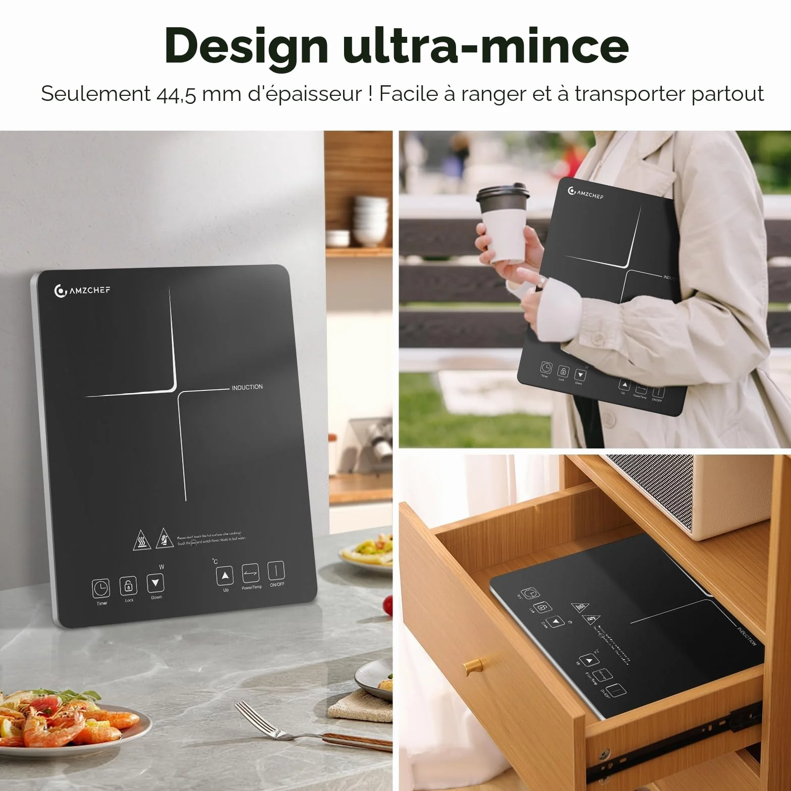Plaque à induction, AMZCHEF Plaque Induction avec design ultra-mince,20 niveaux de température et 20 réglages de puissance, Plaque Induction 2000W avec minuterie de 3 heures,verrouillage de sécurité