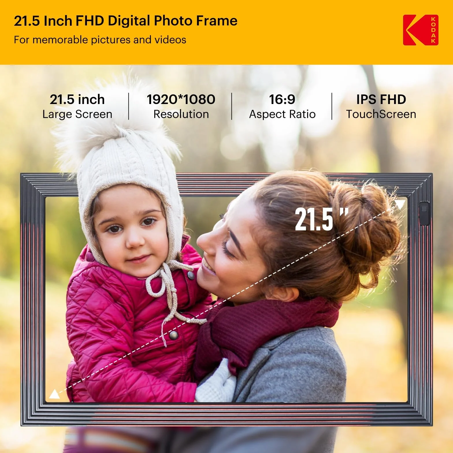 KODAK 21,5 cala Cyfrowa ramka na zdjęcia, duża ramka elektroniczna z Wi-Fi i pamięcią 32 GB, ramka cyfrowa FHD, udostępnianie zdjęć i filmów przez aplikację, pilot zdalnego sterowania, czujnik ruchu
