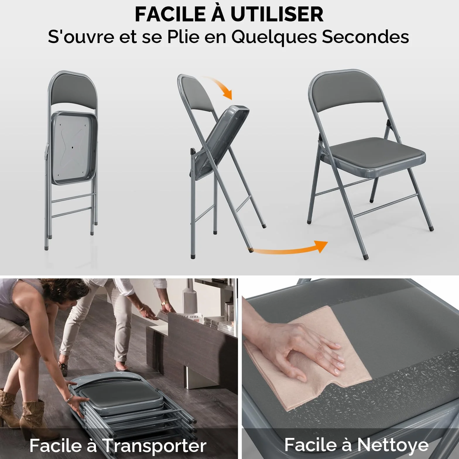 Bonnlo Lot de 6 Chaises Pliantes avec Assie en PU, Empilables et Portables, avec Structure en Fer Supportant Jusqu'à 158 kg, Idéales pour la Maison, le Bureau, les événements ＆ les Fêtes (6, Gris, PU)