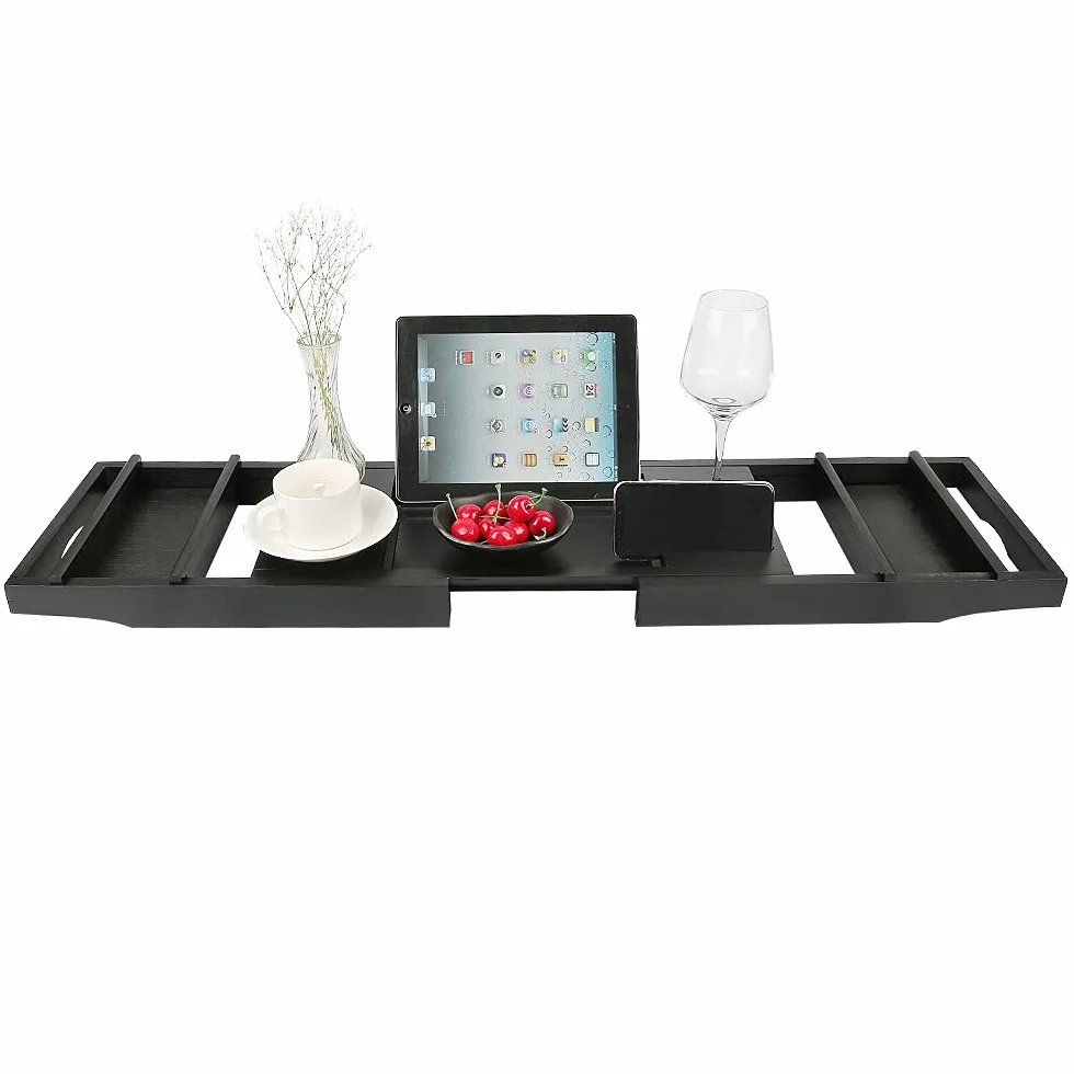Support pour Serviette de Bain, Verre à vin, étagère de Lecture, Support pour Tablette,Plateau Extensible pour Salle de Bain, Plateau de Baignoire en Bambou Naturel, 70-105cm