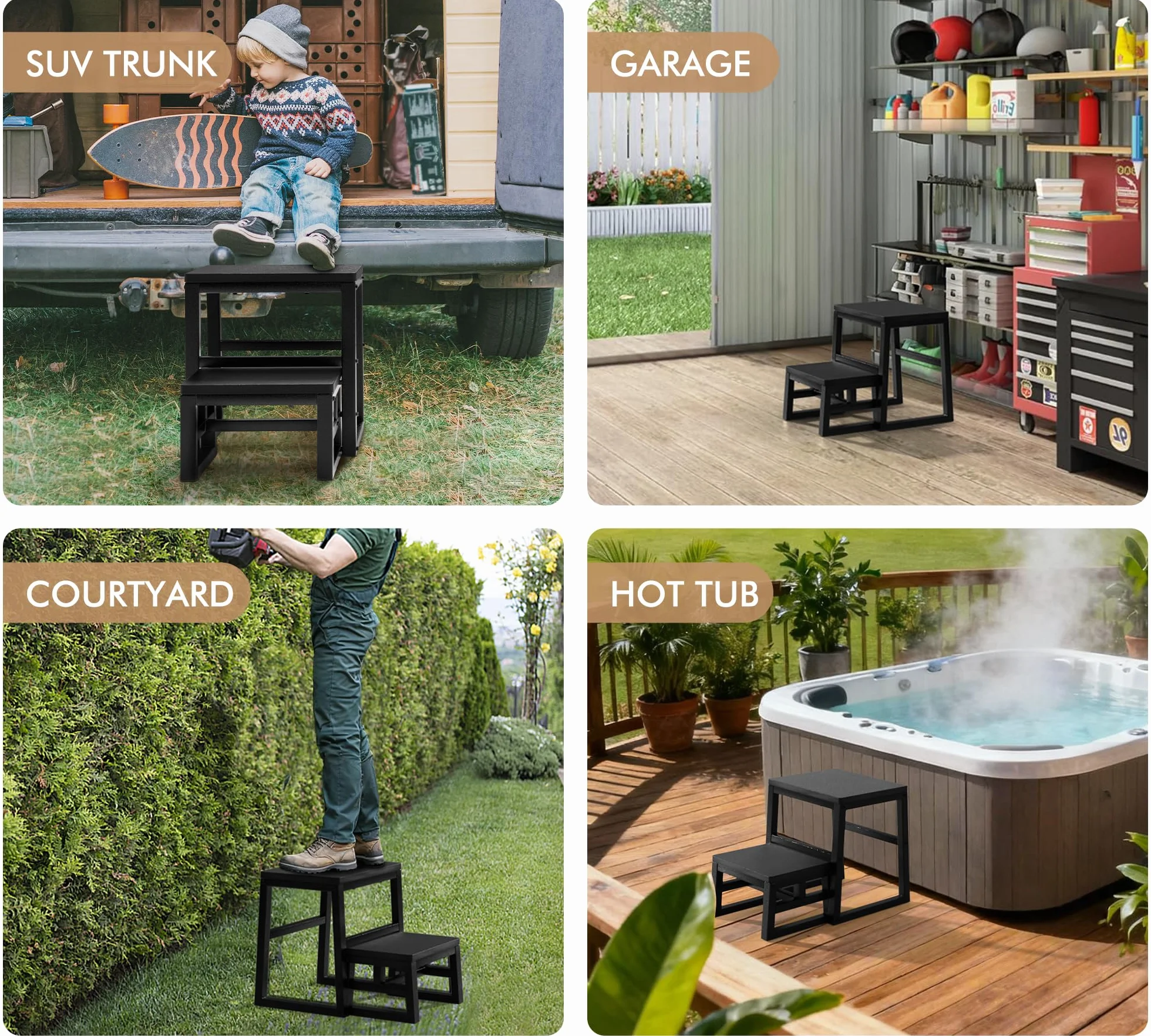 Marchepied 2 marches 3-en-1 en HDPE résistant à l'eau, tabouret 2 marches pliable pour adultes et enfants, supporte jusqu'à 230 kg, marchepied pliable deux marches pour la salle de bain, la cuisine