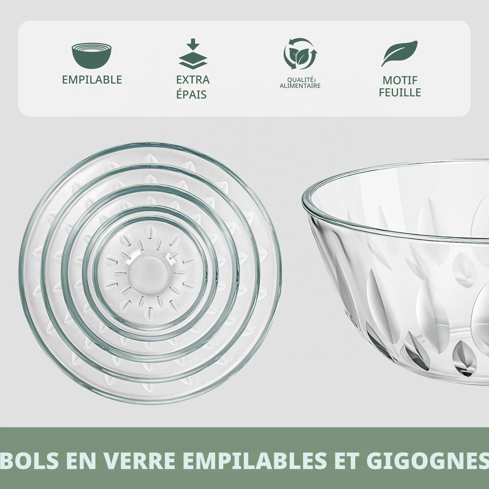 WhiteRhino Saladiers en Verre avec Couvercles,Lot de 5 (0,8L, 1,05L, 1,6L, 2,7L, 4,45L),Grand Bol à Salade Motif Forme en feuille&Couvercles verts Transparents,Bols Empilables pour Préparer,Cuisiner