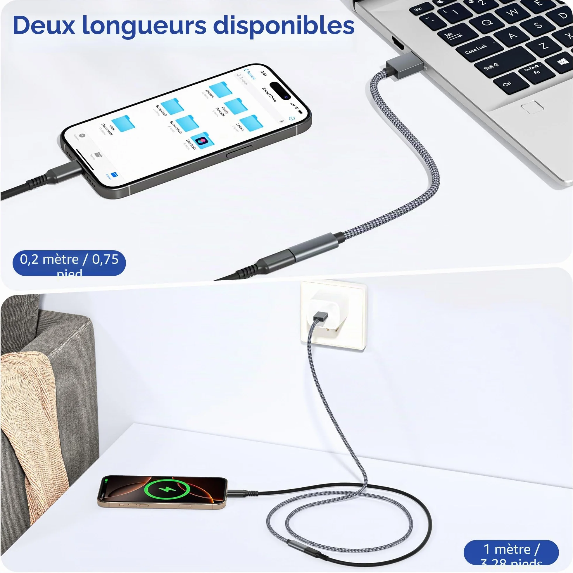 BASESAILOR Adaptateur Câble USB 3.0 vers USB C 0.2M 2Pack, Connecteur Type C Femelle vers Type A Mâle 5Gbps