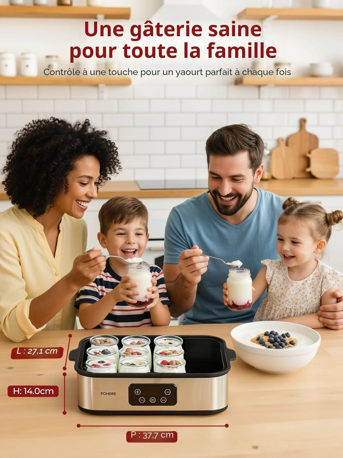 FOHERE Yaourtière 12 pots 180 ml, 25W Machine à Yaourt Maison, Programmable, Ecran LCD, Corps en Acier Inoxydable, Sans BPA, Compatible au lave vaisselle, Arrêt Automatique