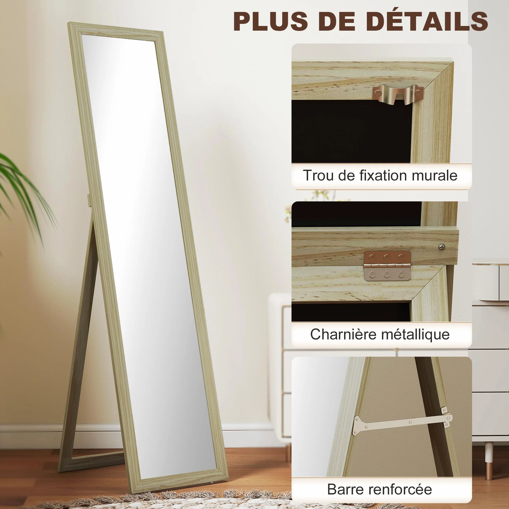 HOMCOM Miroir sur Pied et Mural Rectangulaire, Miroir de Sol Pleine Longueur pour Dressing, Chambre, Salon, 37 x 37 x 154 cm, Bois Naturel