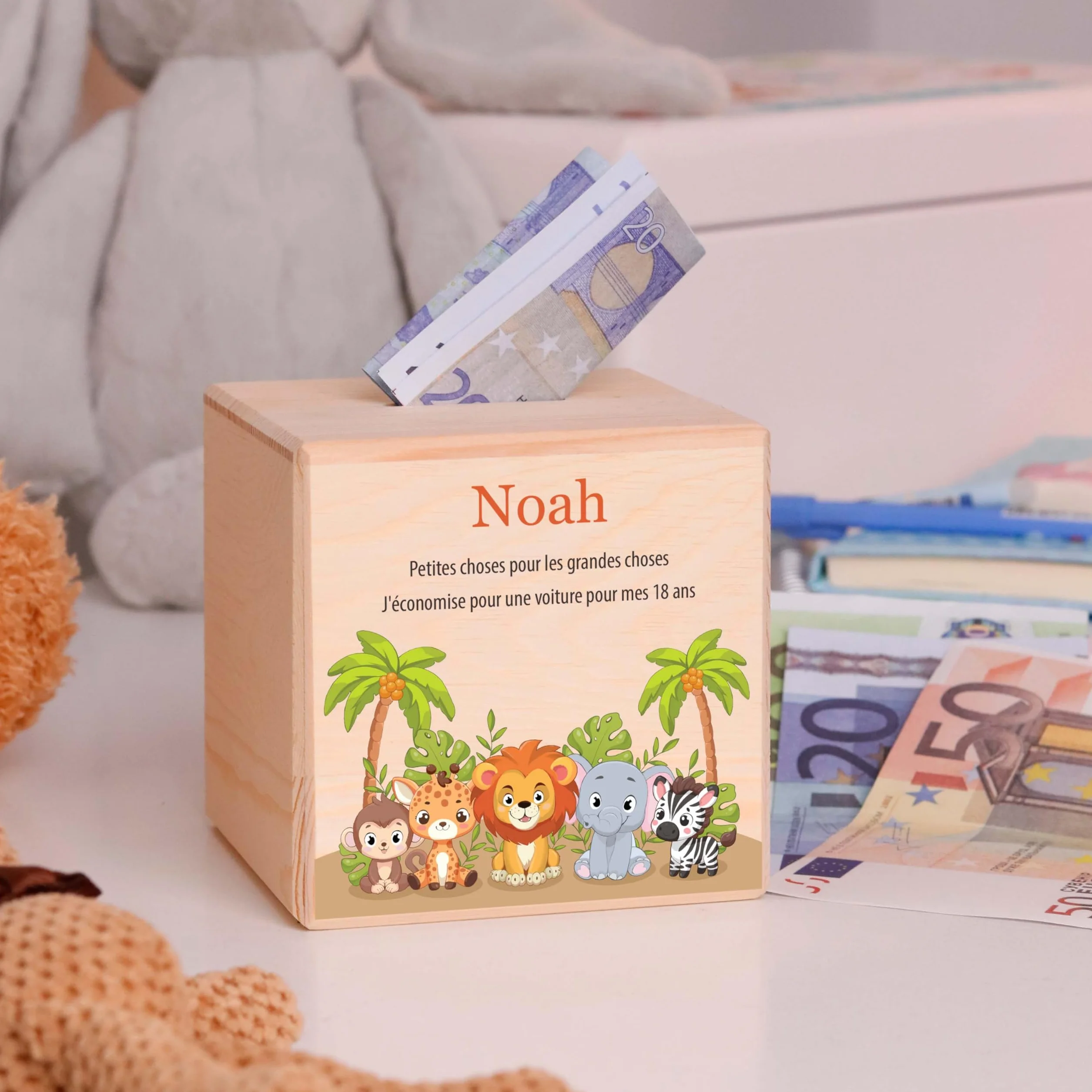 Tirelire Enfant personnalisée avec prénom, Tirelire en Bois - Cadeau personnalisé Baptême, Communion, Confirmation, Anniversaire, Filles & Garçons, Safari