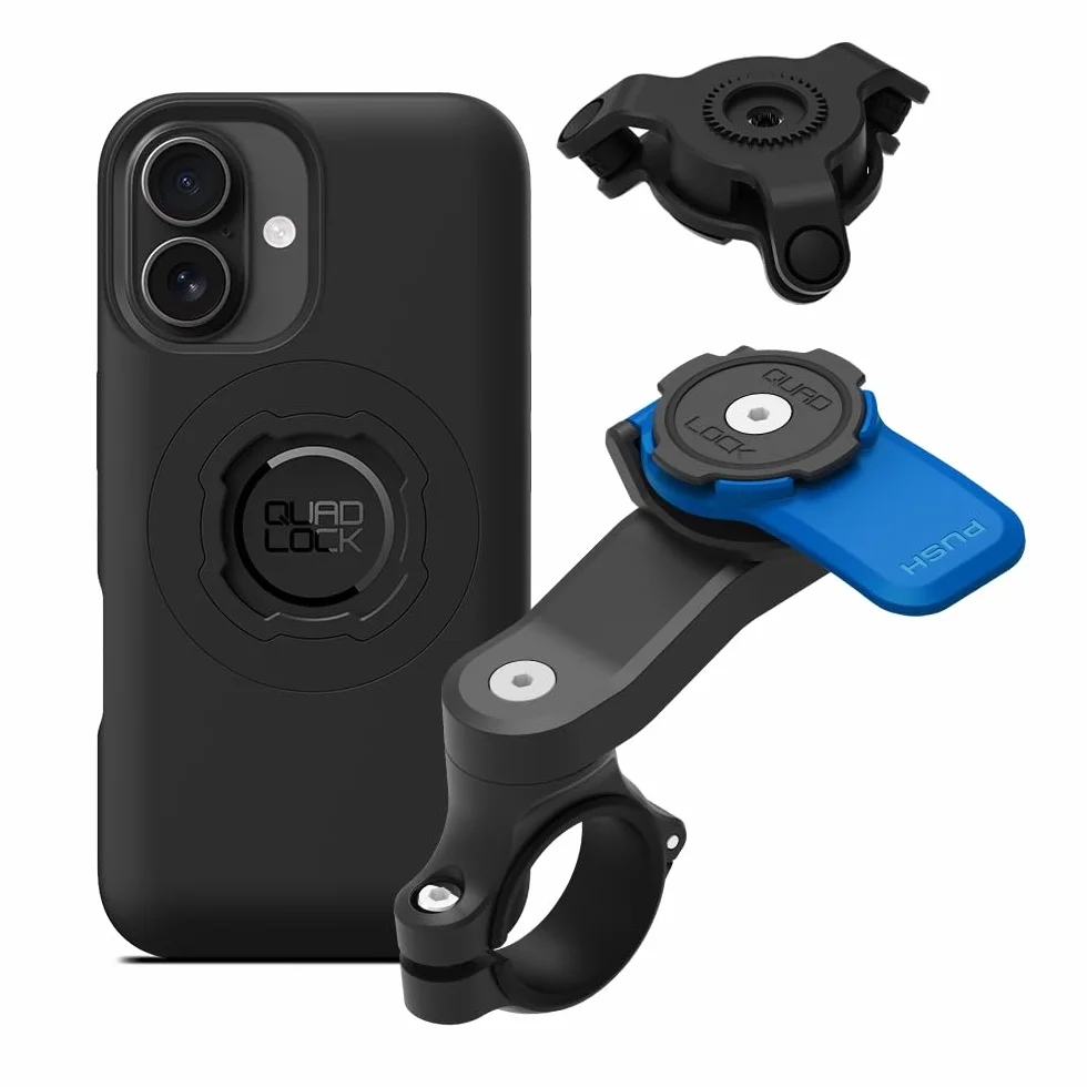 Quad Lock Kierownica Motocyklowa Uchwyt Telefonu Zestaw z Amortyzatorem Drgań i iPhone 16 MAG Etui