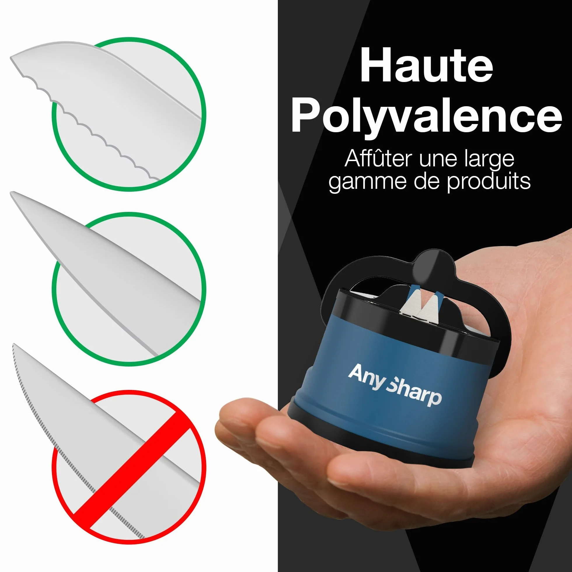 AnySharp Aiguiseur de Couteaux, Sécurité Mains Libres, Ventouse PowerGrip, Bleu
