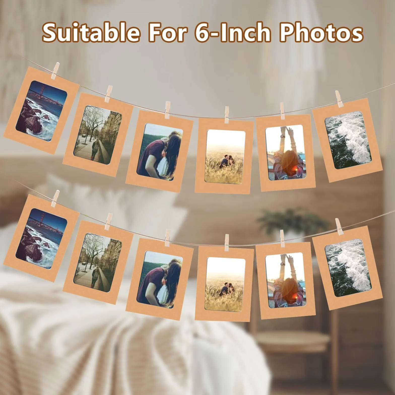 Cadre Photo en Papier Kraft DIY 10x15 30pcs avec Pinces Bois, Cordes Accrocher Photos pour Décoration Murale Kaki