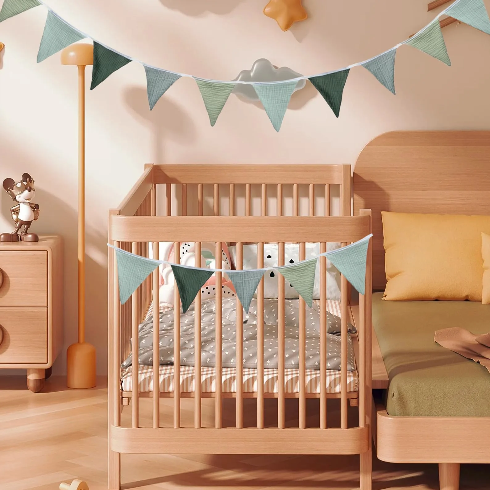 Guirlande de Fanions Vert Clair en Coton pour Chambre d'Enfant, Lit Bébé Garçon