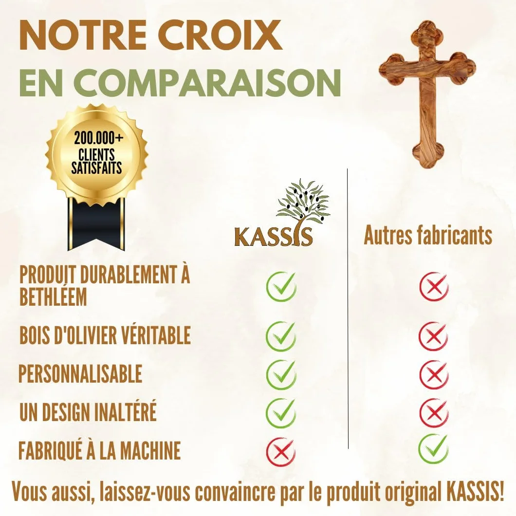 Croix murale en bois d'olivier – Croix chrétienne faite main à Bethléem – 12 x 8 cm, Bords arrondis