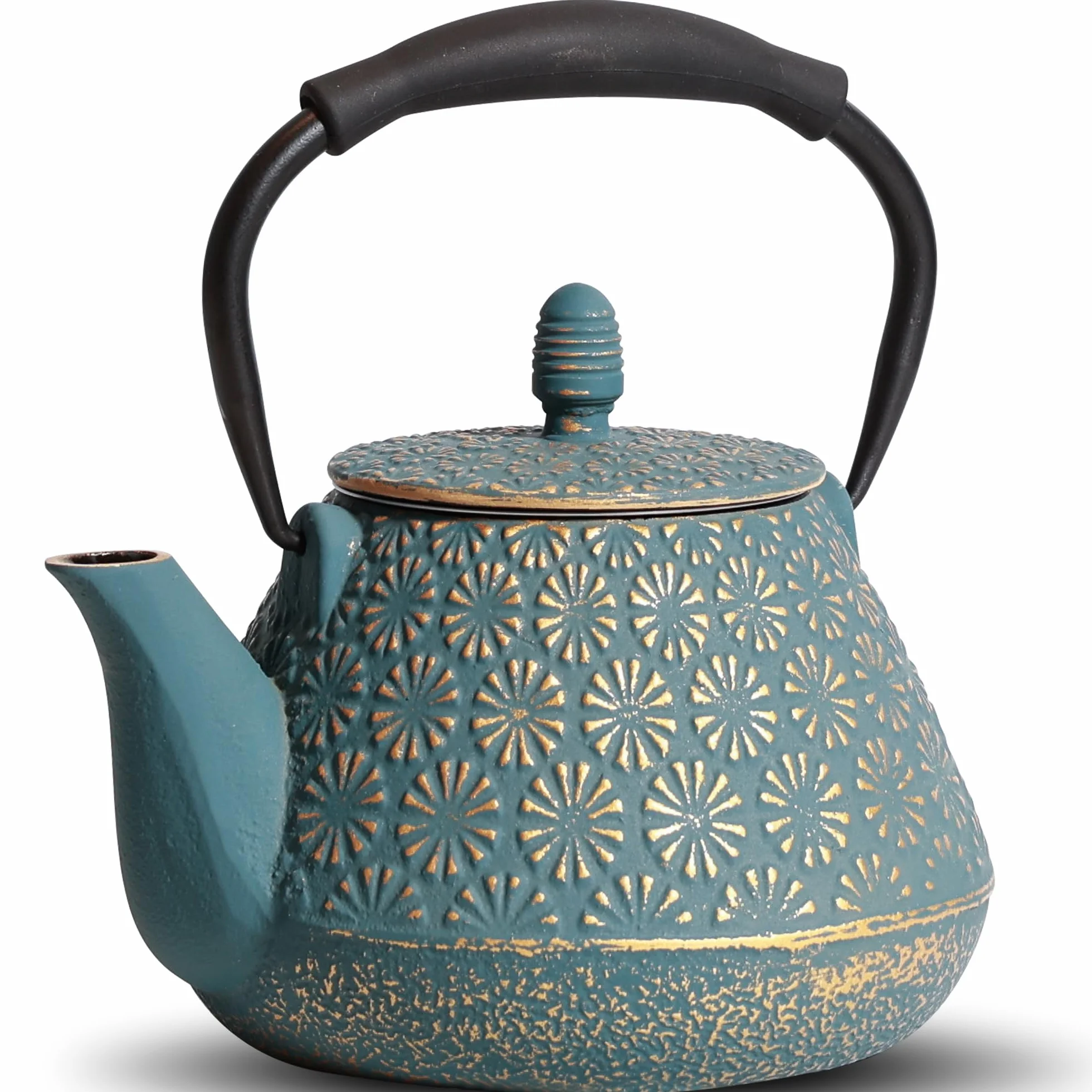 Théière en fonte japonaise à motif de sakura en émail, 950 ml, avec infuseur pour thé en feuille et café, poignée en silicone, sûre pour la cuisinière, 32 oz bleu