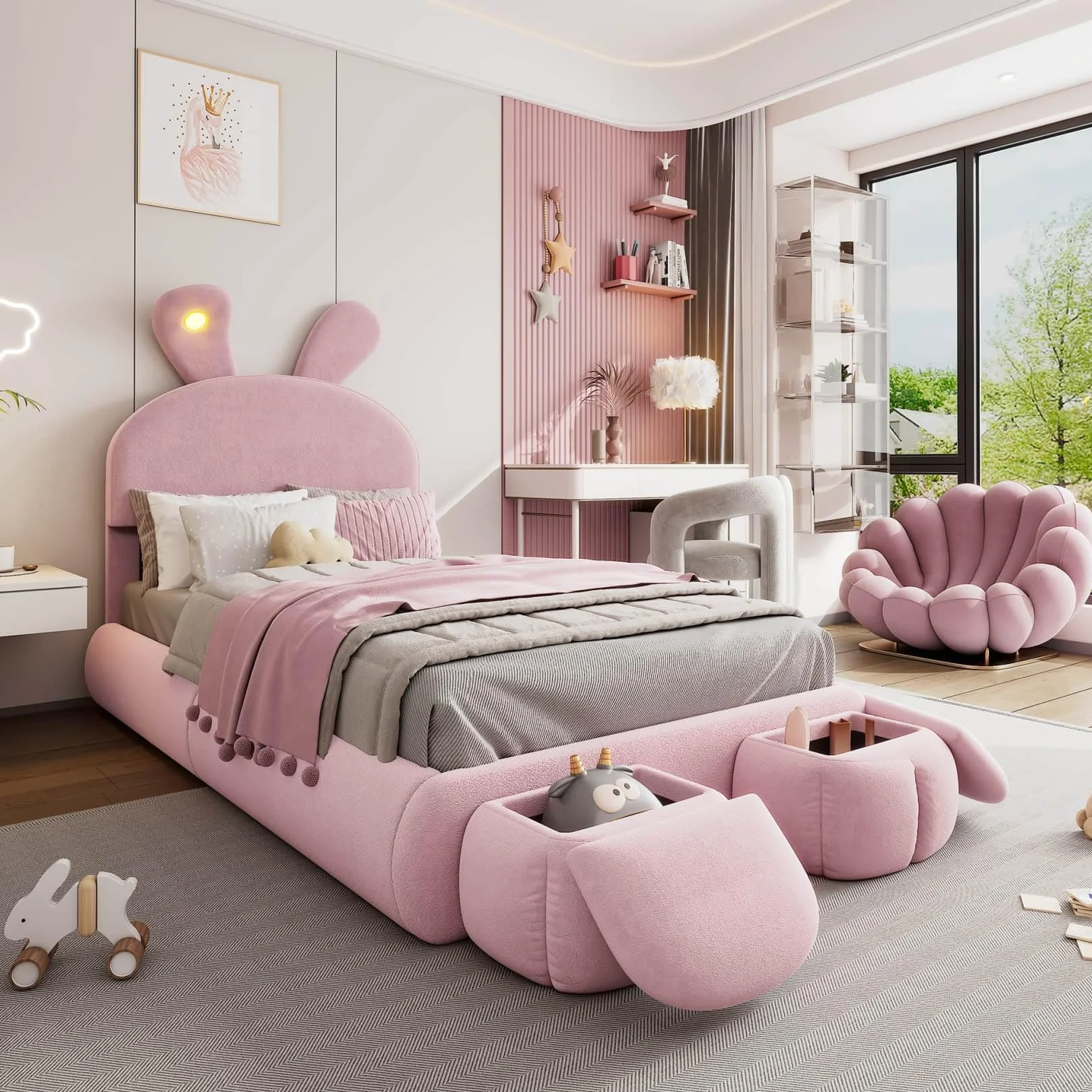 PUGSDRLY Lit Enfant 90x200 cm Lapin,Lit Une Place Rembourré avec LED Réglable,2 Bancs de Rangement,Tête Réglable,Sommier à Lattes,pour Filles,Garçons,Velours(Rose, 90x200)