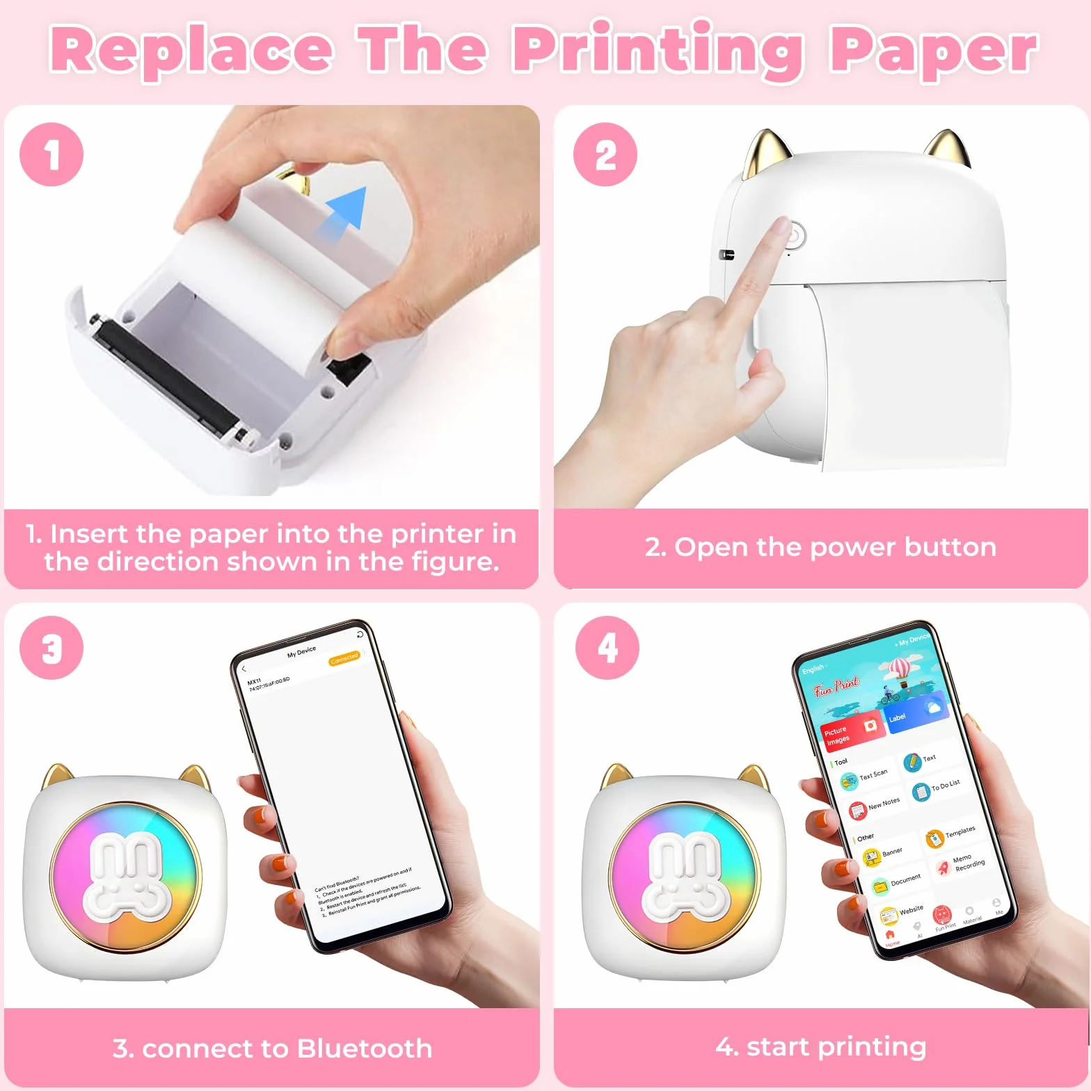 Imprimante Photo Thermique sans Fil Bluetooth Mini Portable avec 14 Rouleaux de Papier pour iOS Android