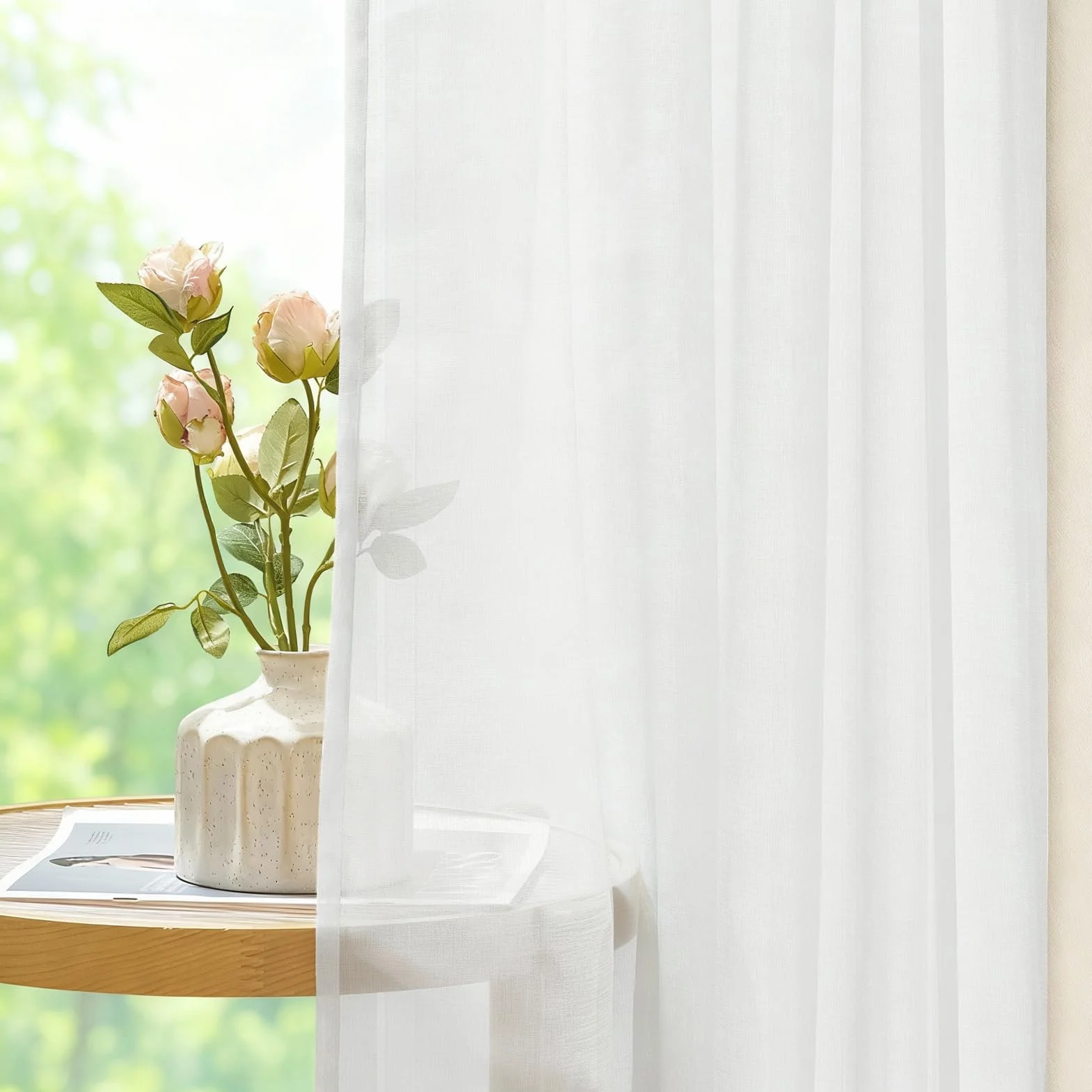 Rideaux Voilage Blanc 140x225 cm Passe Tringle Semi-Transparent 2 Pièces
