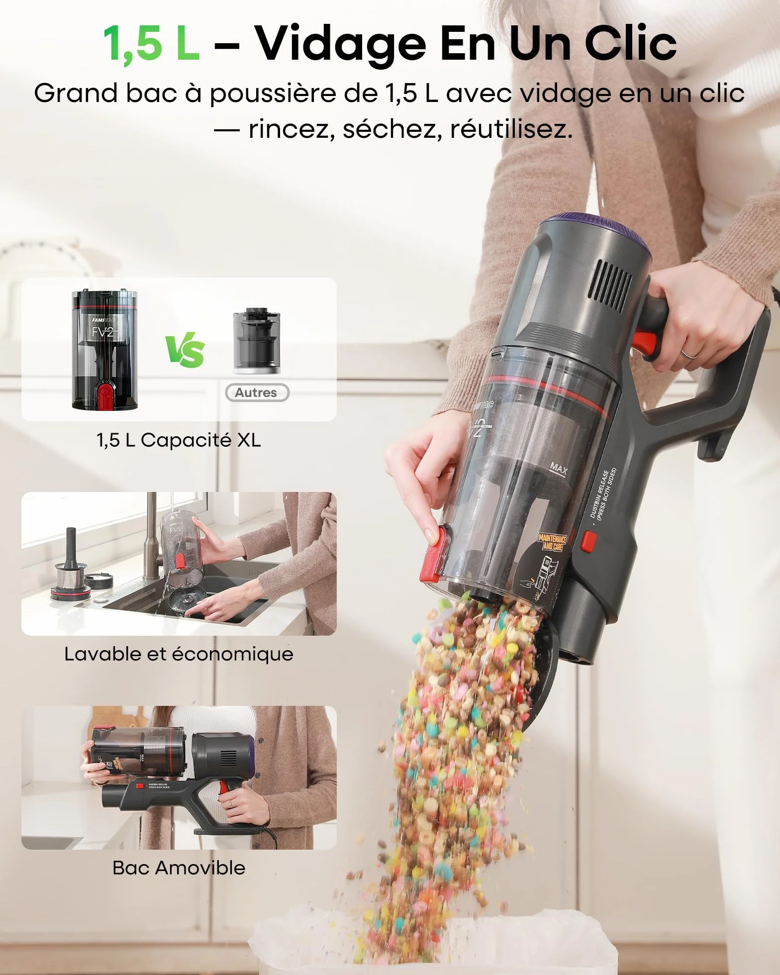FAMIVAC FV2 Aspirateur Balai avec Fil, 65Kpa/600W Aspirateur sans Sac Puissant, Brosse Matelas, 1,3KG Léger, Câble 7M, 1,5L, Brosse Anti-Enroulement & Autoportante pour Tapis, Sols, Poils d’Animaux
