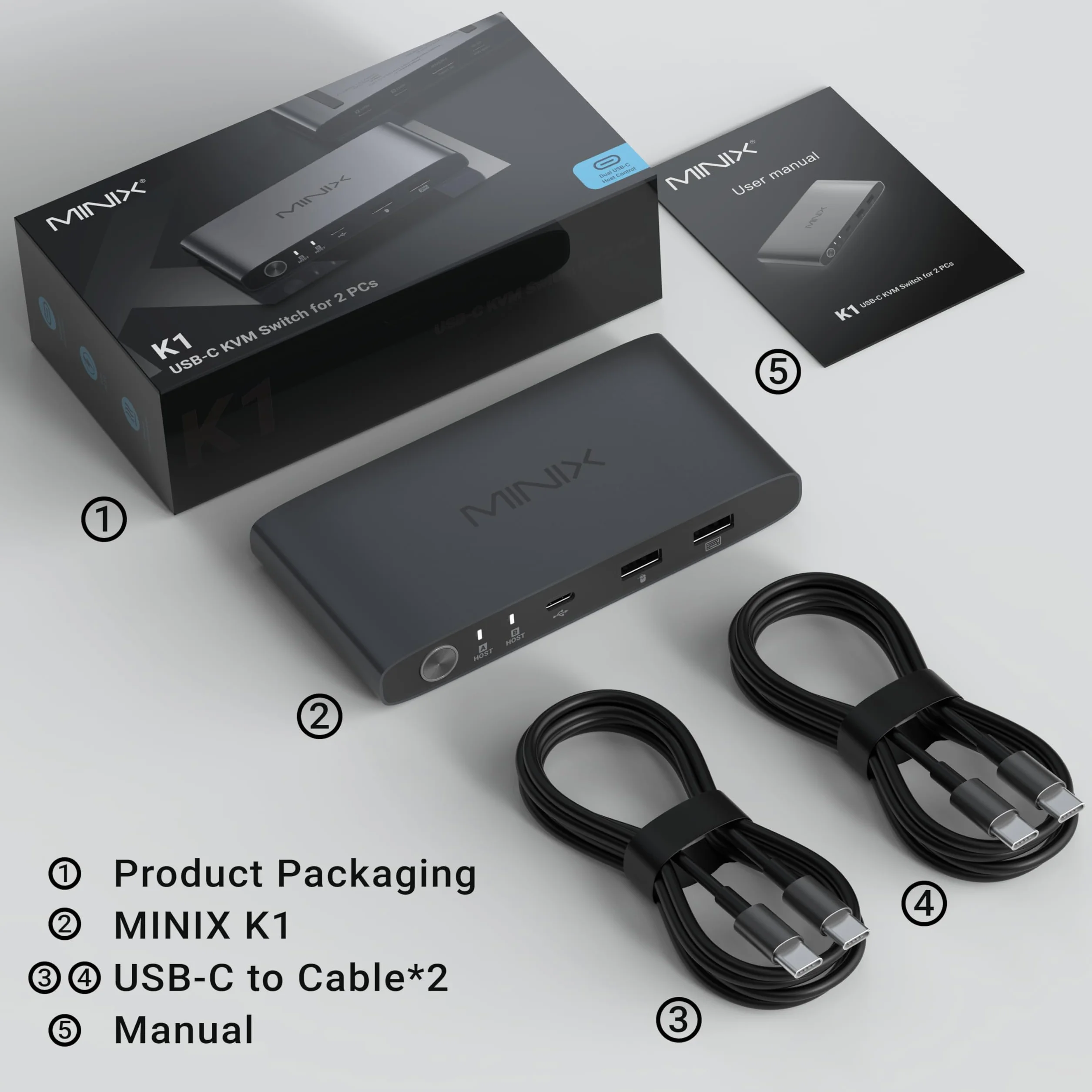 MINIX K1 przełącznik KVM USB C, 1 monitory, 2 komputery, 4K przy 120 Hz HDR, 100 W PD 3.0, podwójne przełączniki KVM z wejściem USB-C, klawiatura i mysz, aluminiowa konstrukcja, kompatybilny z Windows