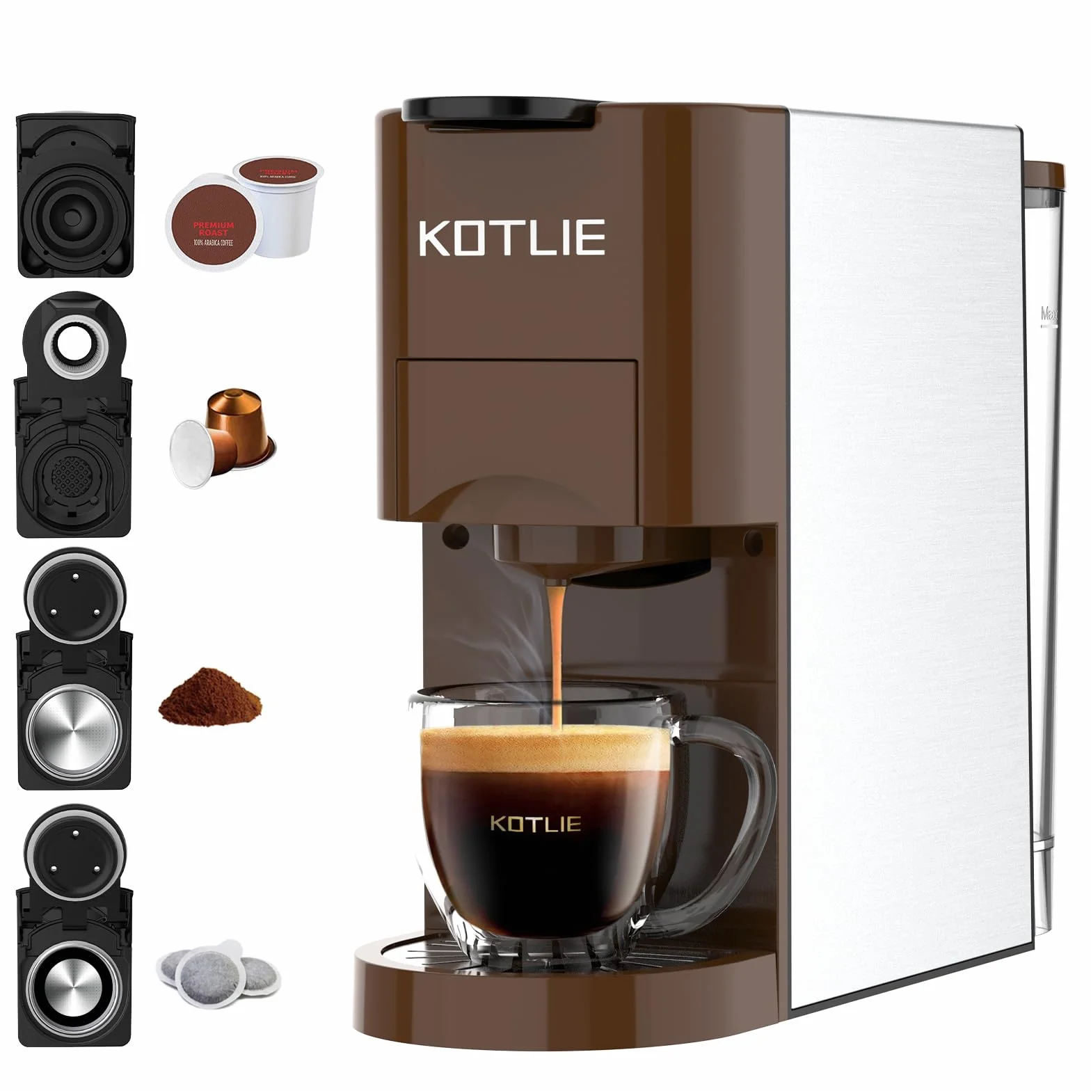 KOTLIE AC-513K 4 en 1 Multifonctionnel Machine à Café à Capsules, pour NES/DG/Café en Poudre/ESE Pod(44mm),19Bar, 0.8L réservoir de stockage d'eau(Brun)